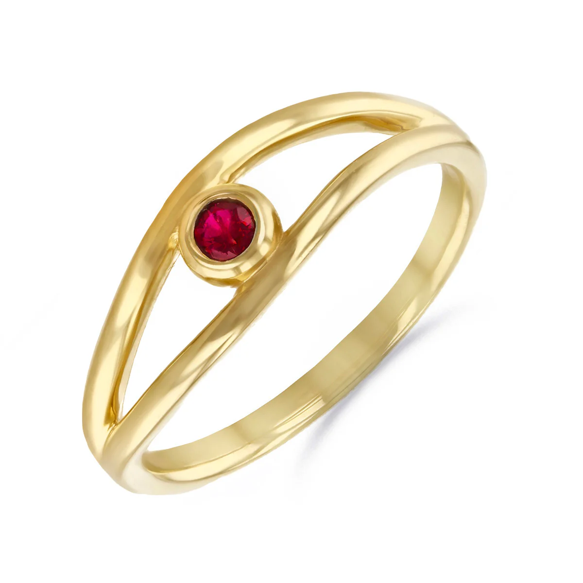 Birthstone Collection 0.09ct Round Ruby Open Bezel Set Twist Ring | 9K Yellow Gold