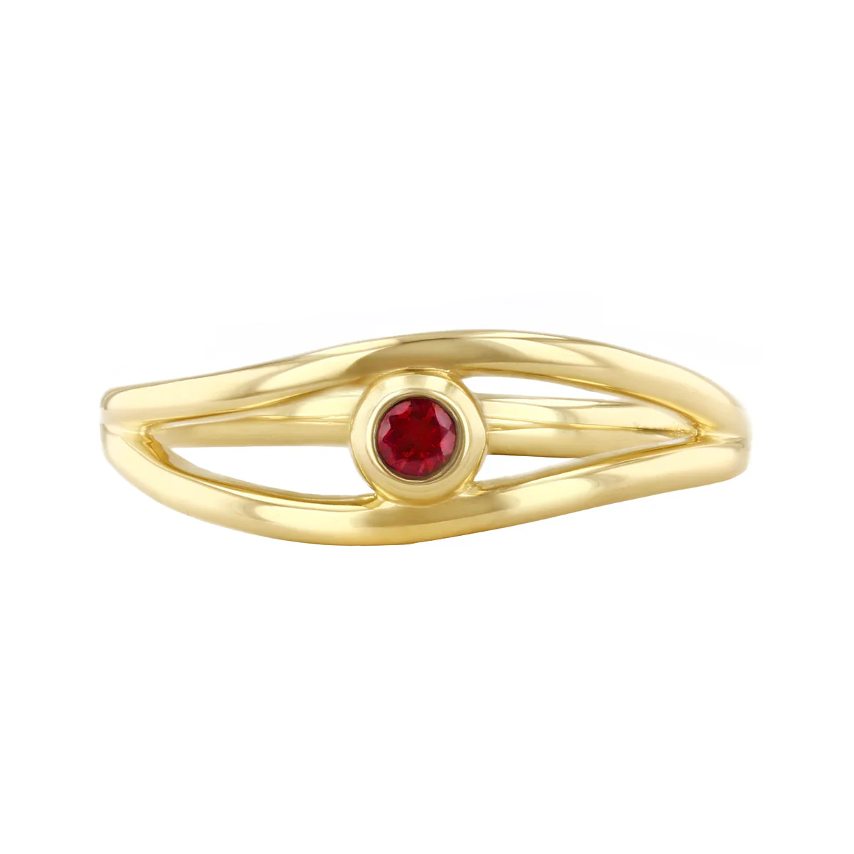 Birthstone Collection 0.09ct Round Ruby Open Bezel Set Twist Ring | 9K Yellow Gold - Image 2