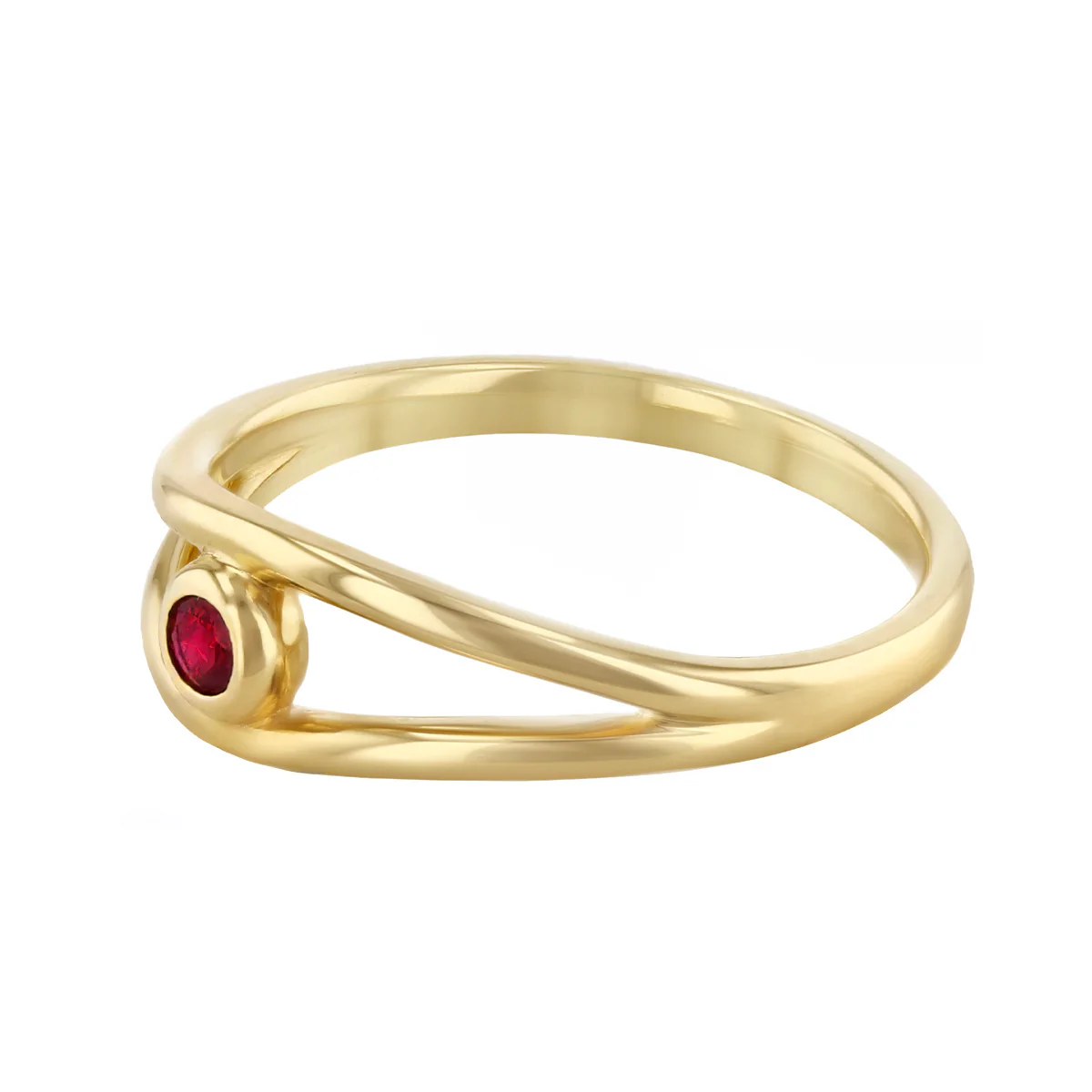 Birthstone Collection 0.09ct Round Ruby Open Bezel Set Twist Ring | 9K Yellow Gold - Image 3