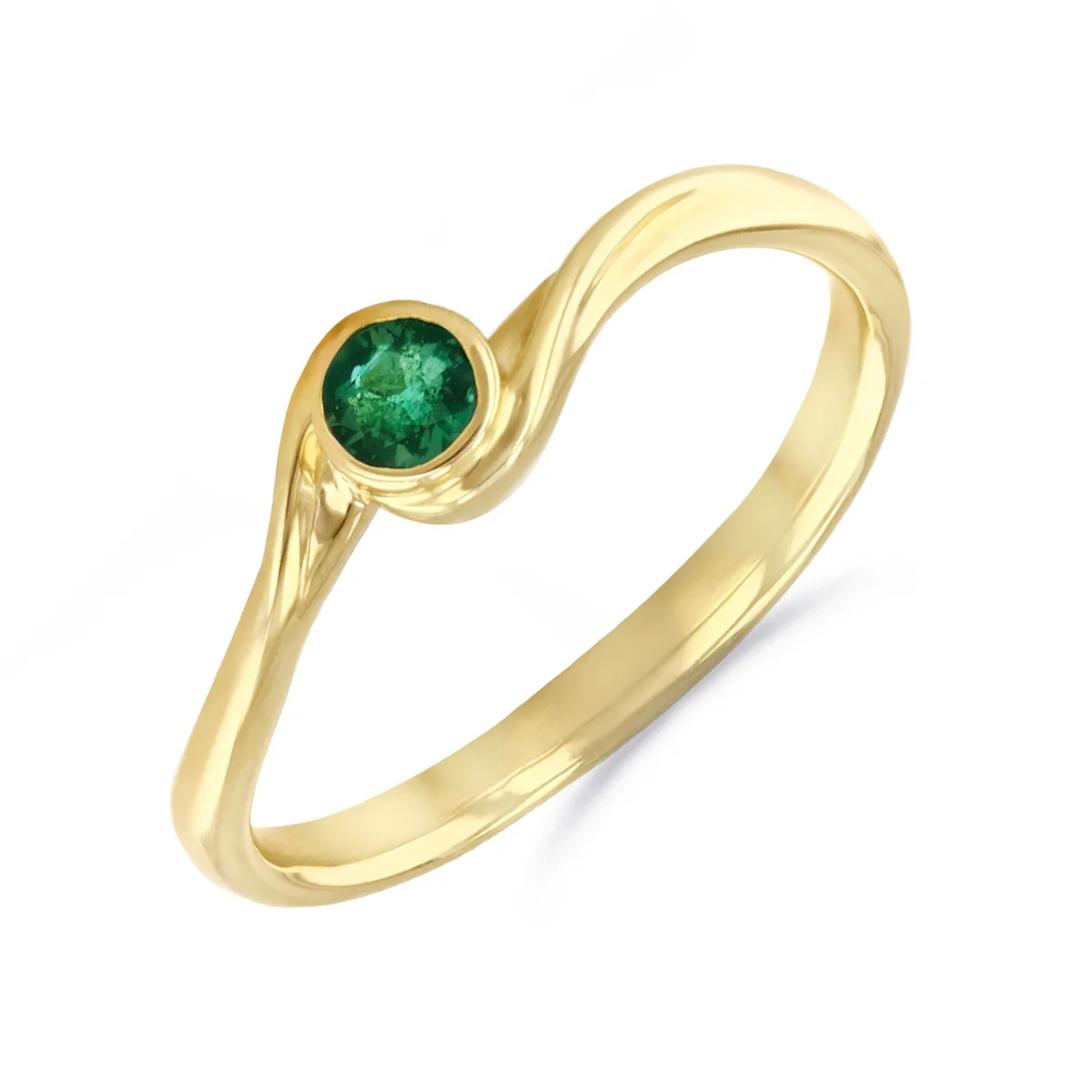 Birthstone Collection 0.16ct Emerald Rubover Bezel Set Twist Ring | 9K Yellow Gold