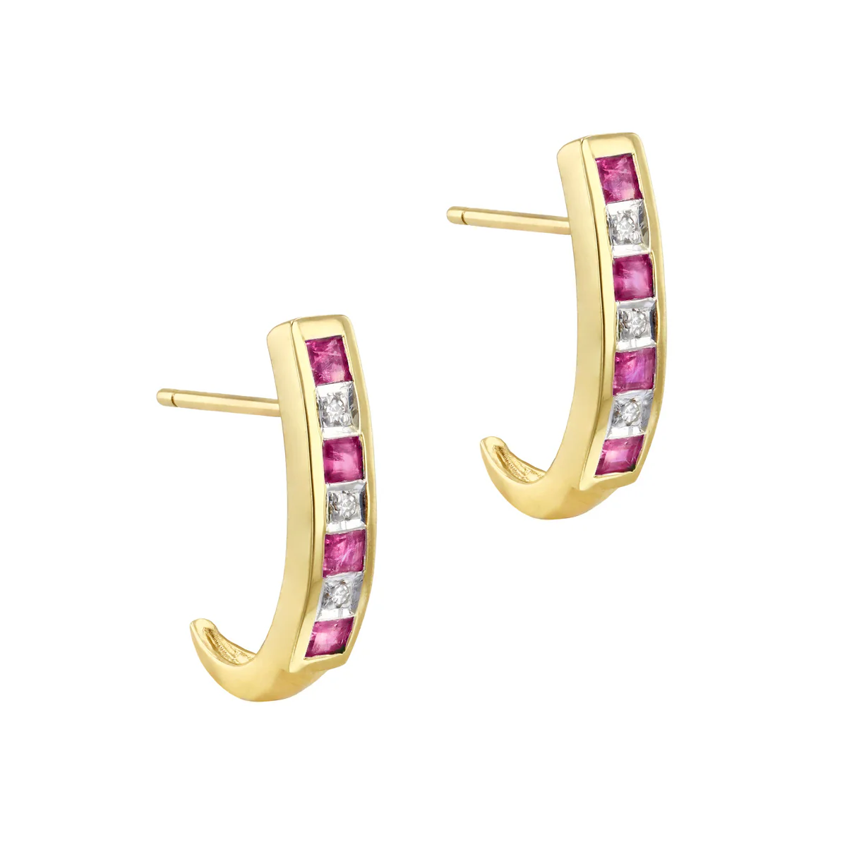 Birthstone Collection 0.38ct Ruby and Diamond Half Hoop Earrings | 9K Yellow Gold - Image 3