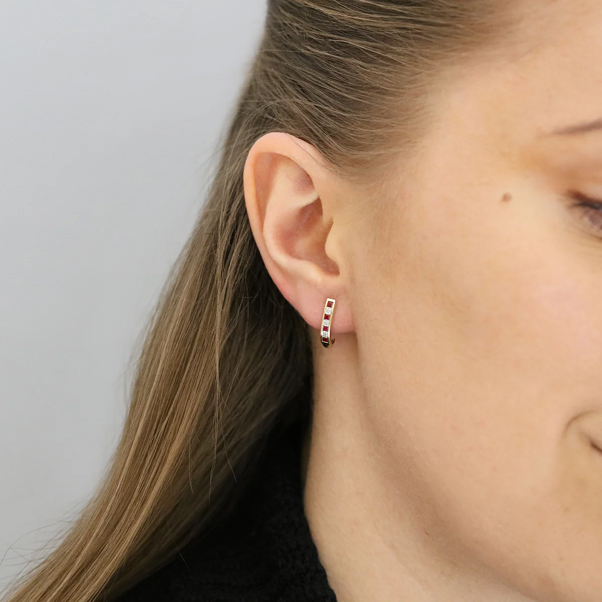 Birthstone Collection 0.38ct Ruby and Diamond Half Hoop Earrings | 9K Yellow Gold - Image 5