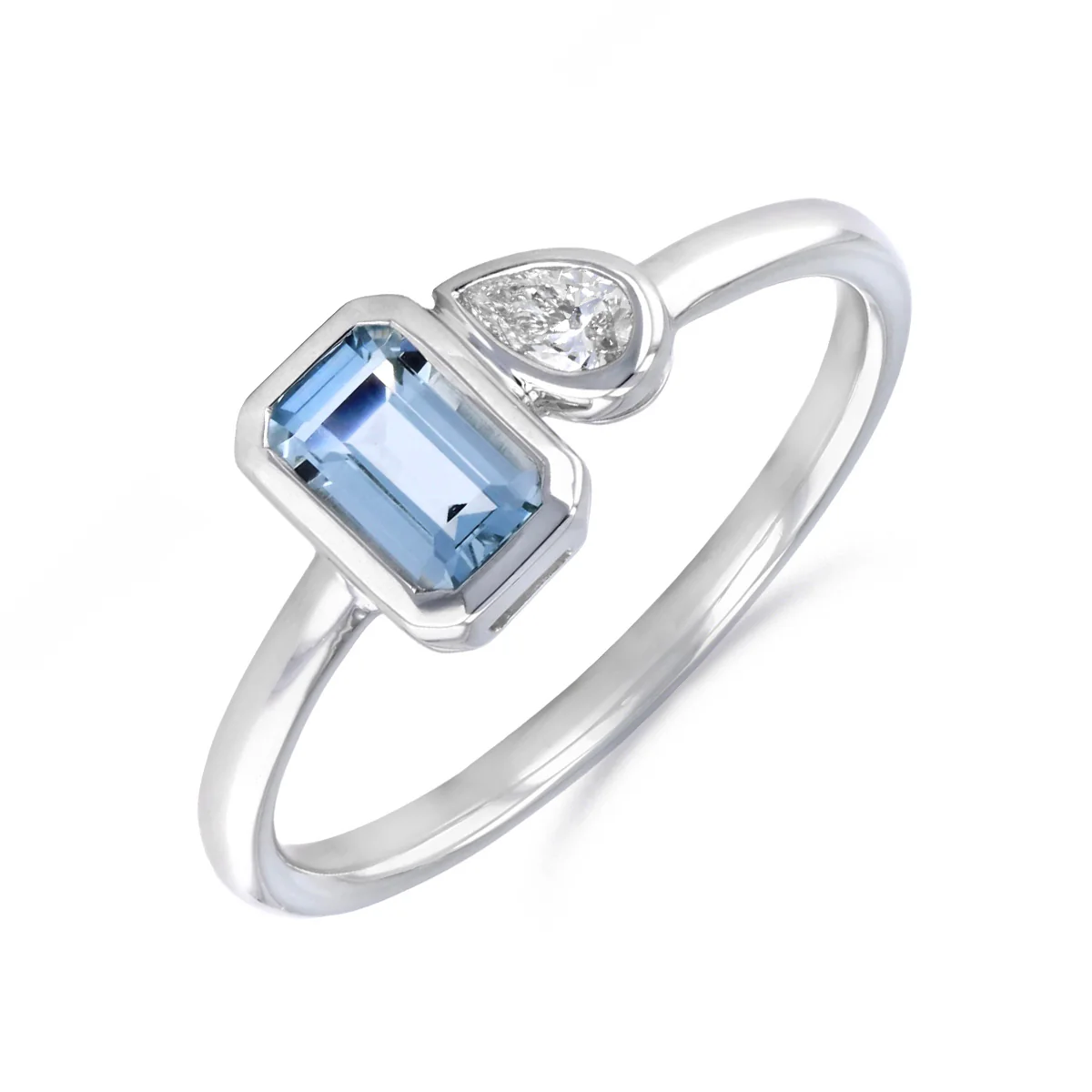 Birthstone Collection 0.48ct Aquamarine and 0.09ct Diamond Toi et Moi Bezel Set Ring | 9K White Gold