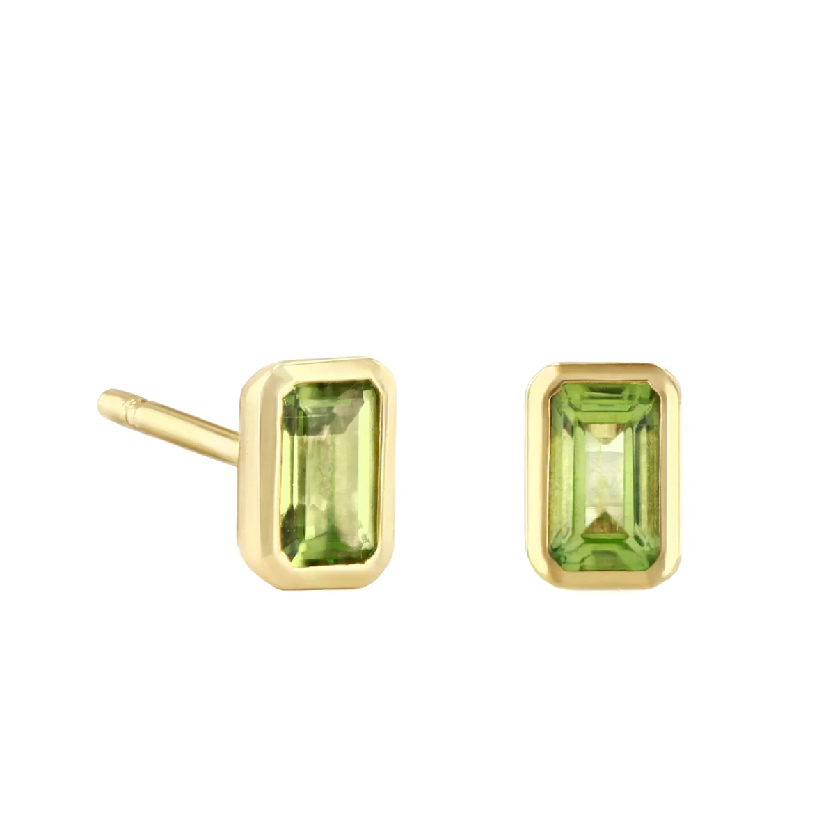 Birthstone Collection 0.56ct Emerald Cut Peridot  Bezel Set Earrings | 9K Yellow Gold