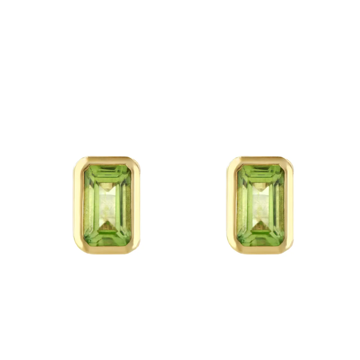 Birthstone Collection 0.56ct Emerald Cut Peridot  Bezel Set Earrings | 9K Yellow Gold - Image 2