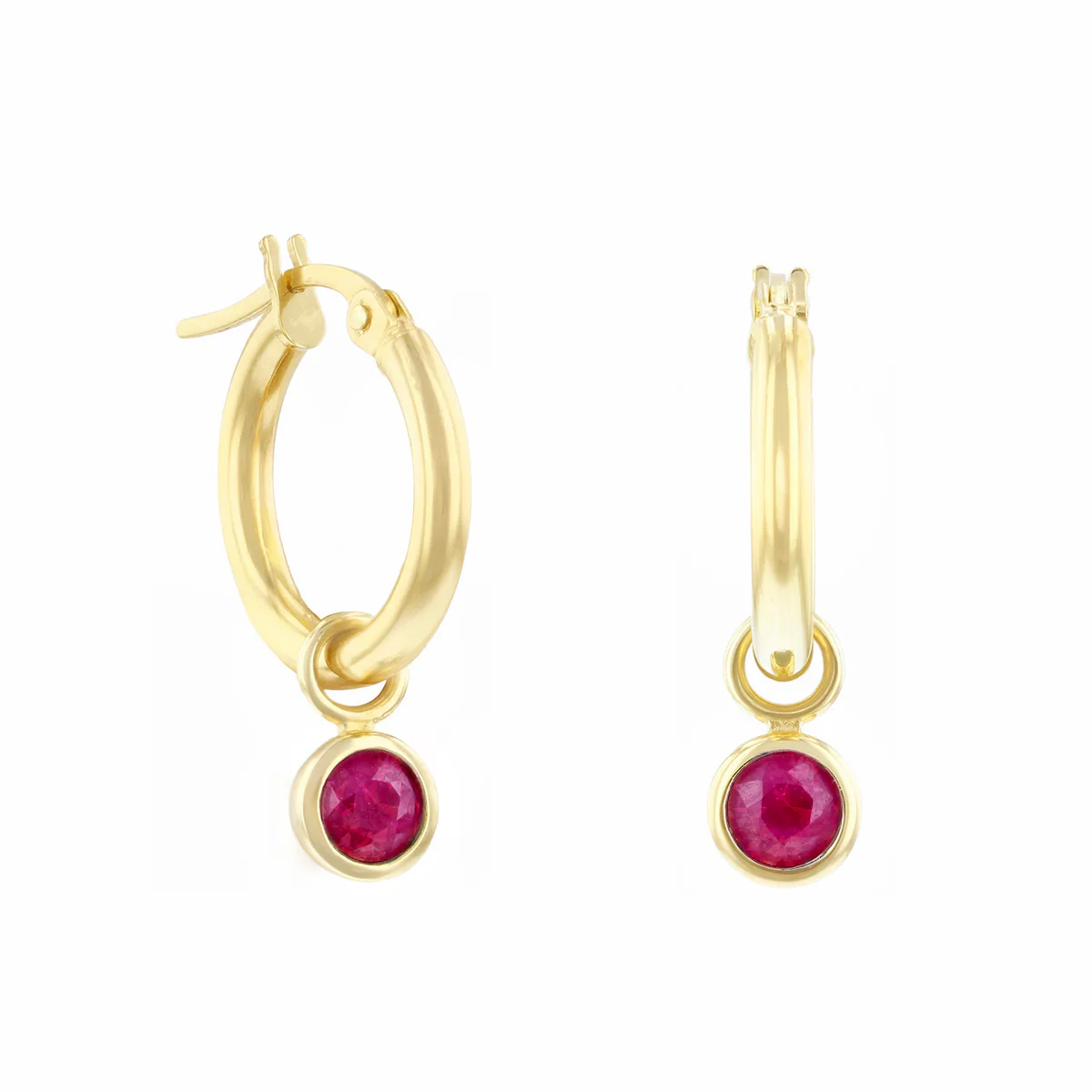 Birthstone Collection 0.68ct Detachable Ruby Charm Hoop Earrings | 9K Yellow Gold