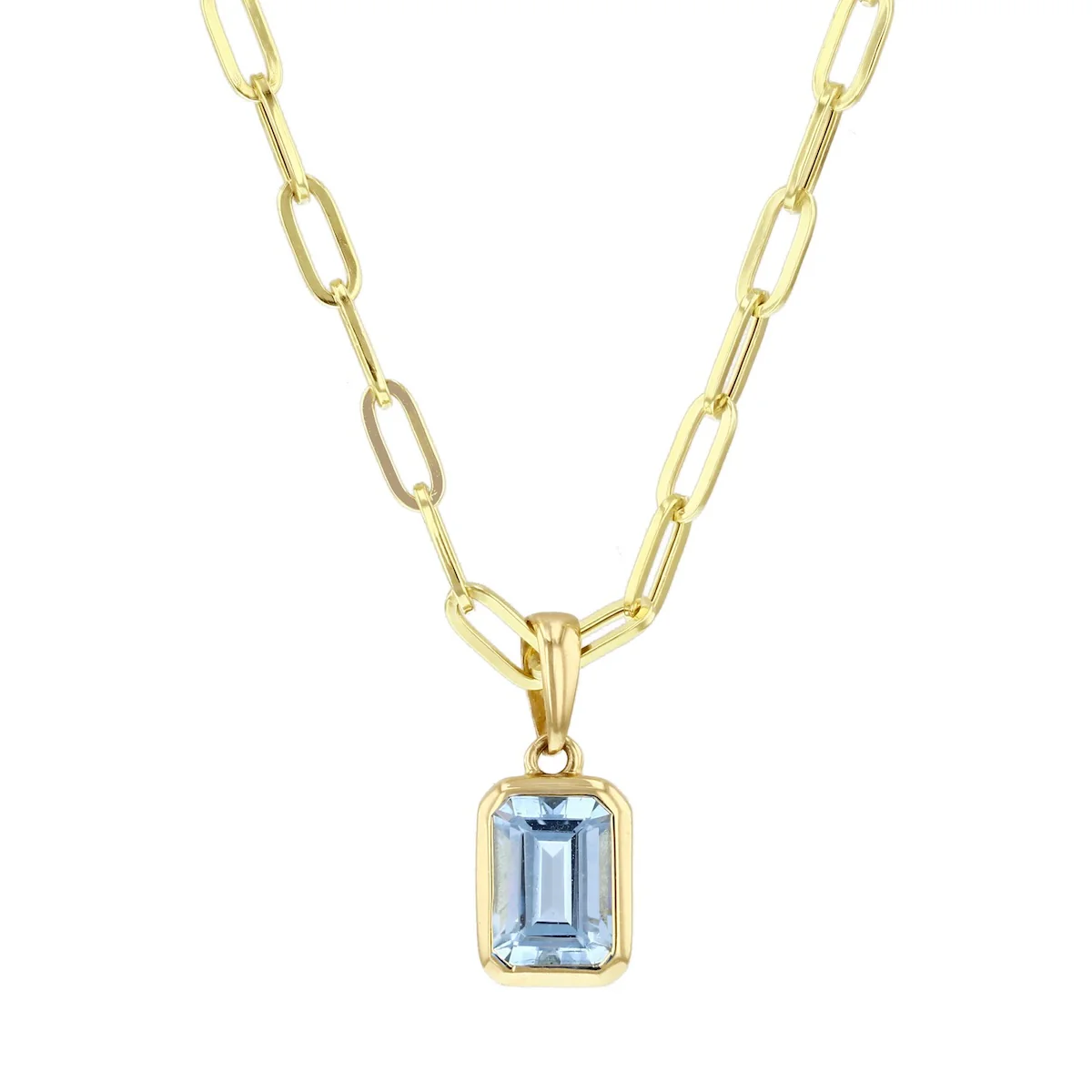 Birthstone Collection 0.80ct Emerald Cut Aquamarine Bezel Set Paperclip Chain Pendant | 9K Yellow Gold
