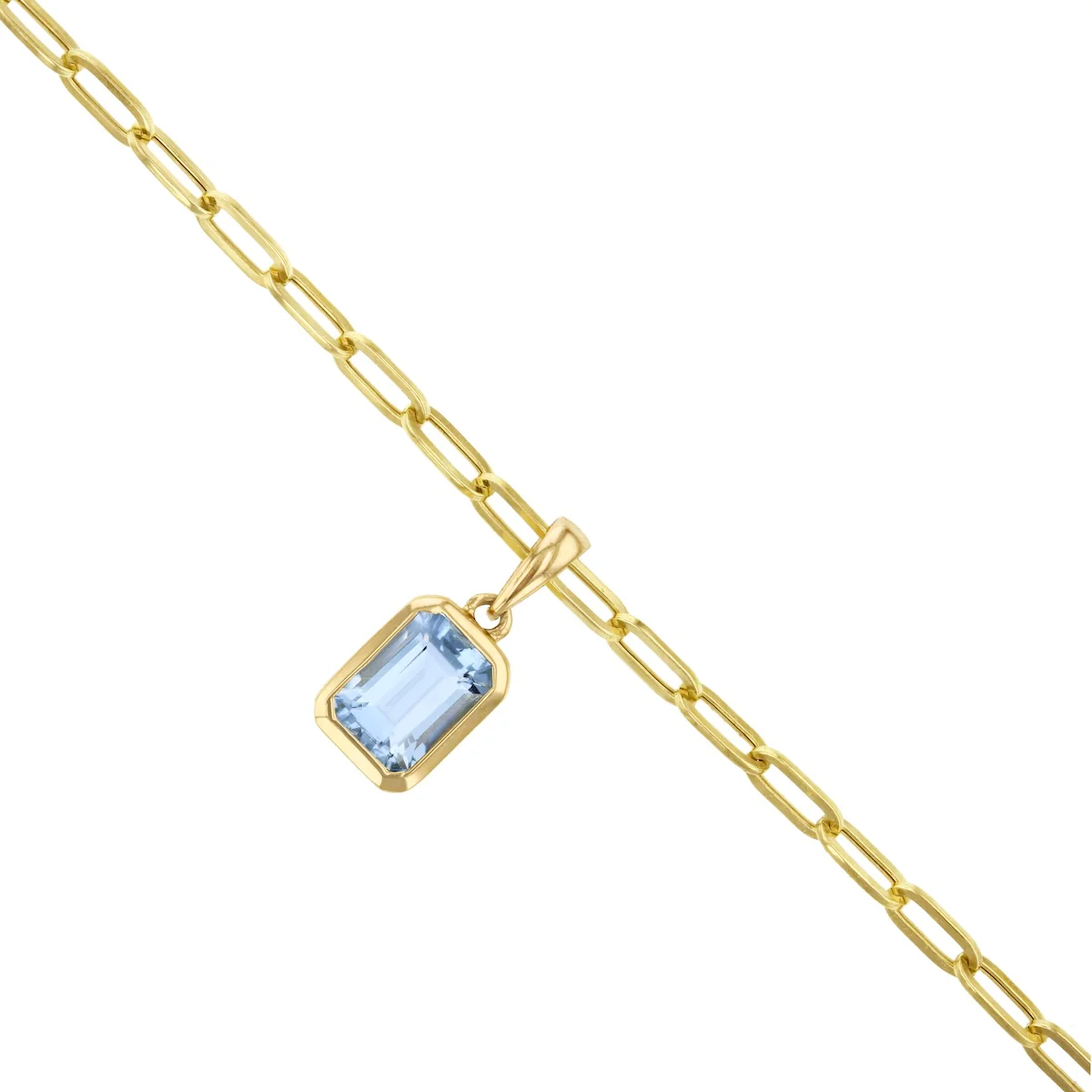 Birthstone Collection 0.80ct Emerald Cut Aquamarine Bezel Set Paperclip Chain Pendant | 9K Yellow Gold - Image 3