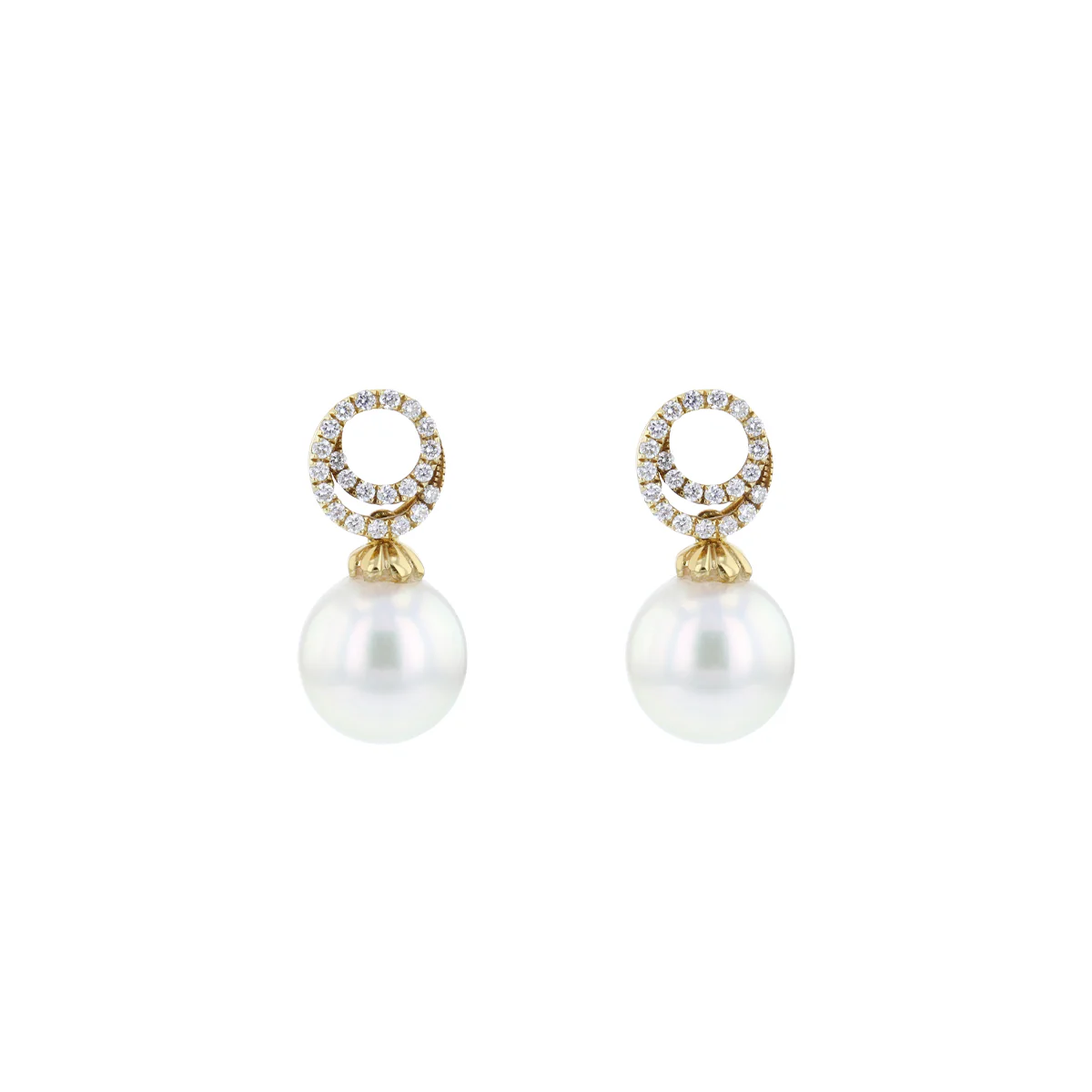 Cultured Pearl & Diamond Swirl Drop Earrings | 18K Yellow Gold