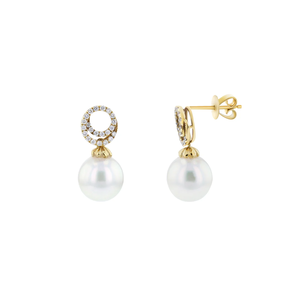 Cultured Pearl & Diamond Swirl Drop Earrings | 18K Yellow Gold - Image 2