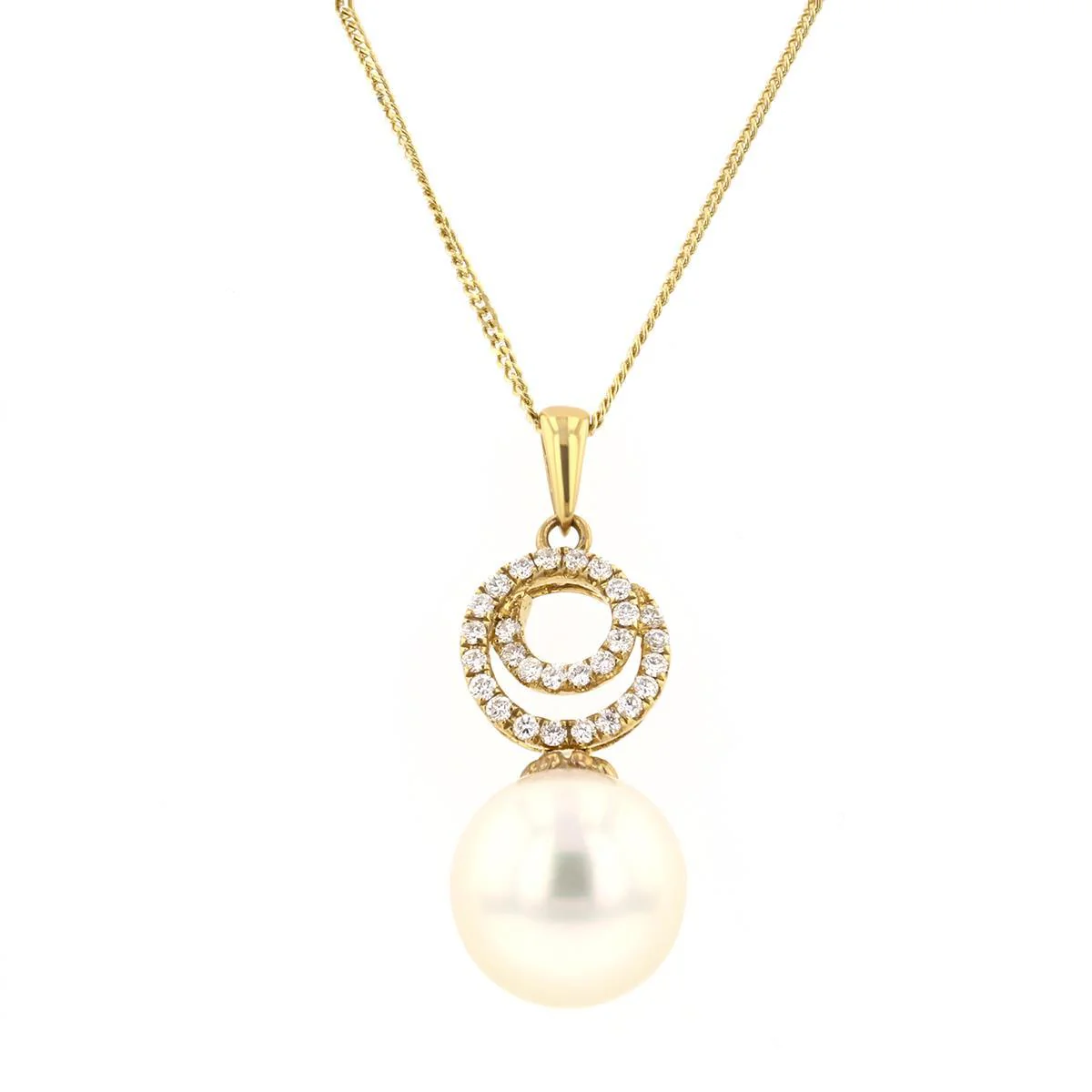 Cultured Pearl & Diamond Swirl Drop Pendant | 18K Yellow Gold