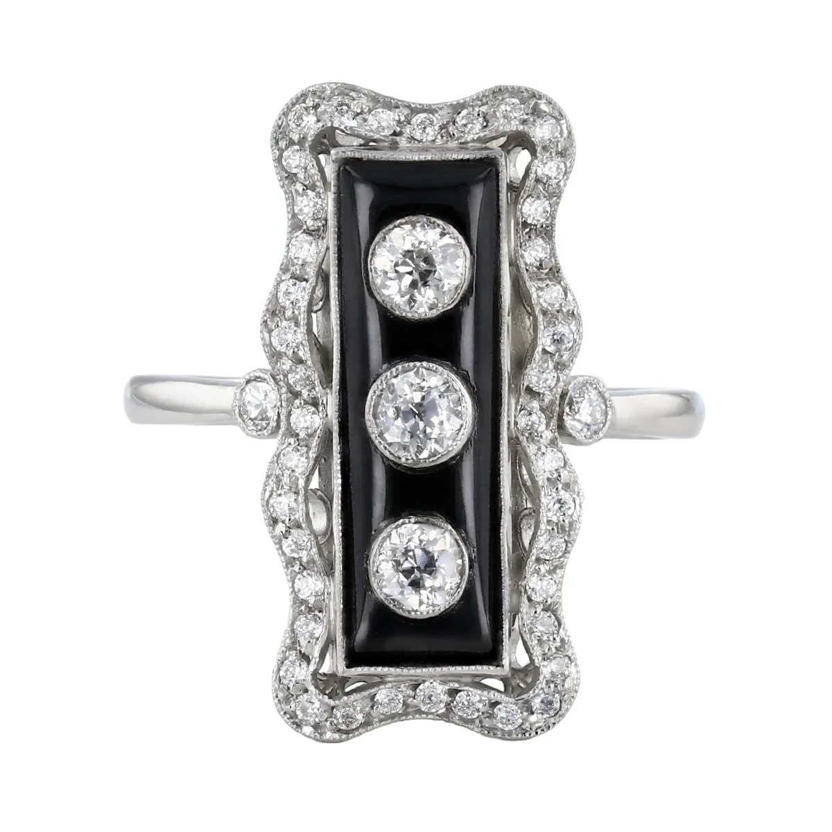 Early 20th Century Black Onyx and 0.78ct Old Cut Diamond Dress Ring | Pre-Loved | Platinum - Image 2