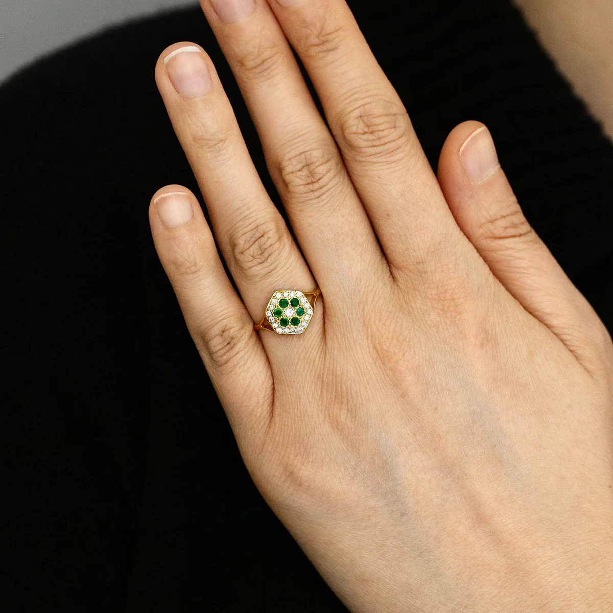 Emerald and Diamond Cluster Dress Ring | Pre-Loved | 18K Yellow Gold - Image 6