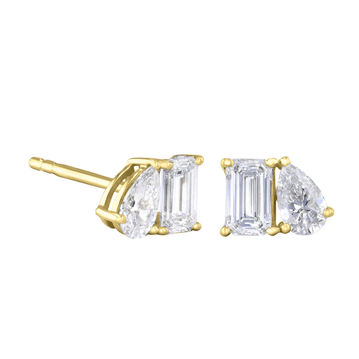 Everyday Diamonds 0.98ct Toi Et Moi Pear and Emerald Cut Lab Grown Diamond Stud Earrings | 9K Yellow Gold