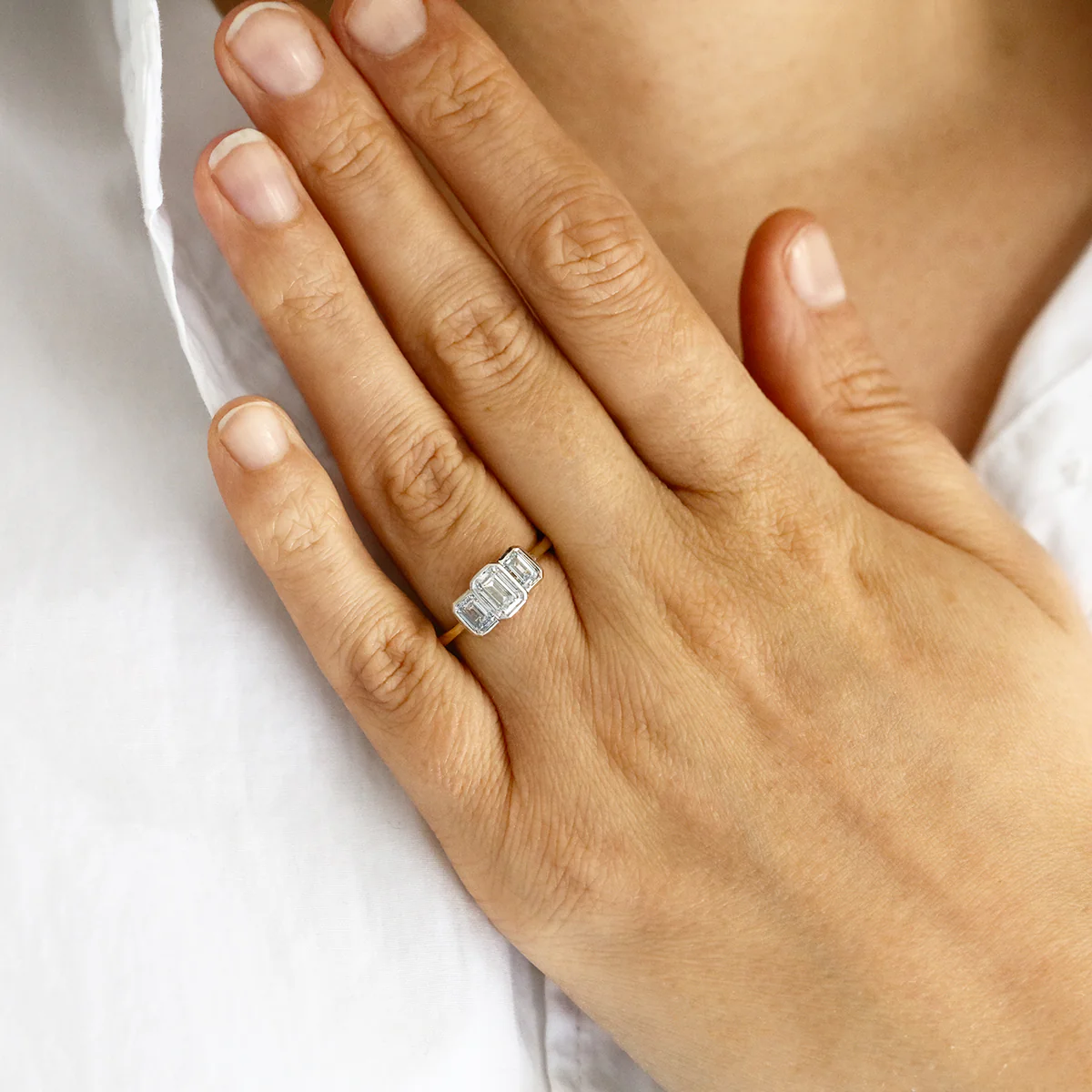 Everyday Diamonds Collection 1.60ct Lab Grown Emerald Cut Bezel Set Three Stone Ring | 9K Bi-Metal - Image 6