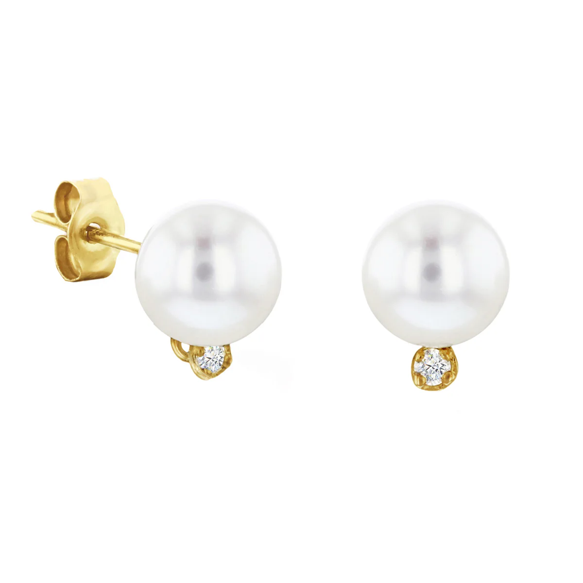 Freshwater Pearl & Diamond Stud Earrings 7mm | 9K Yellow Gold - Image 2