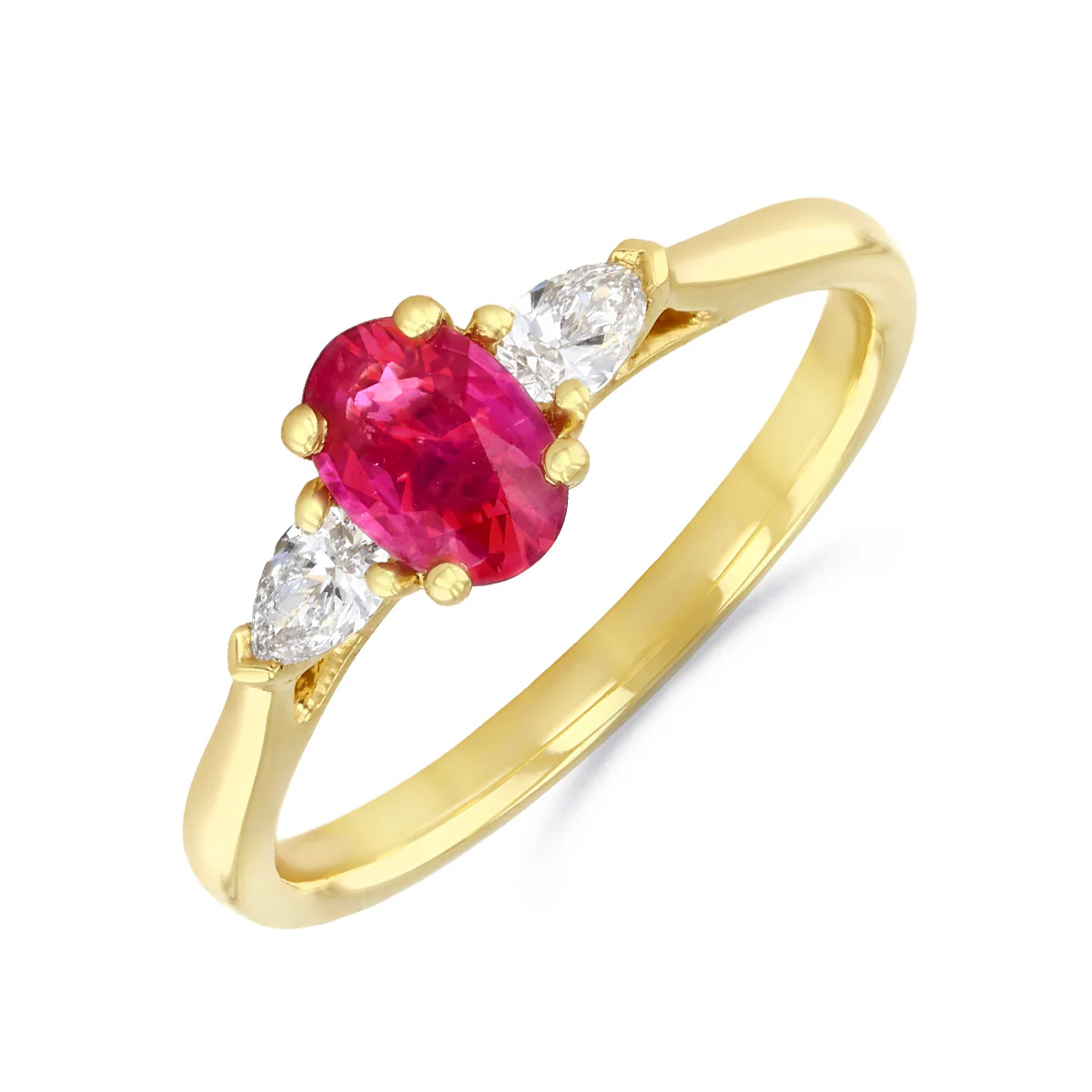 Heirloom 0.50ct Ruby and 0.20ct Pear Cut Diamond Three Stone Ring | 18K Yellow Gold