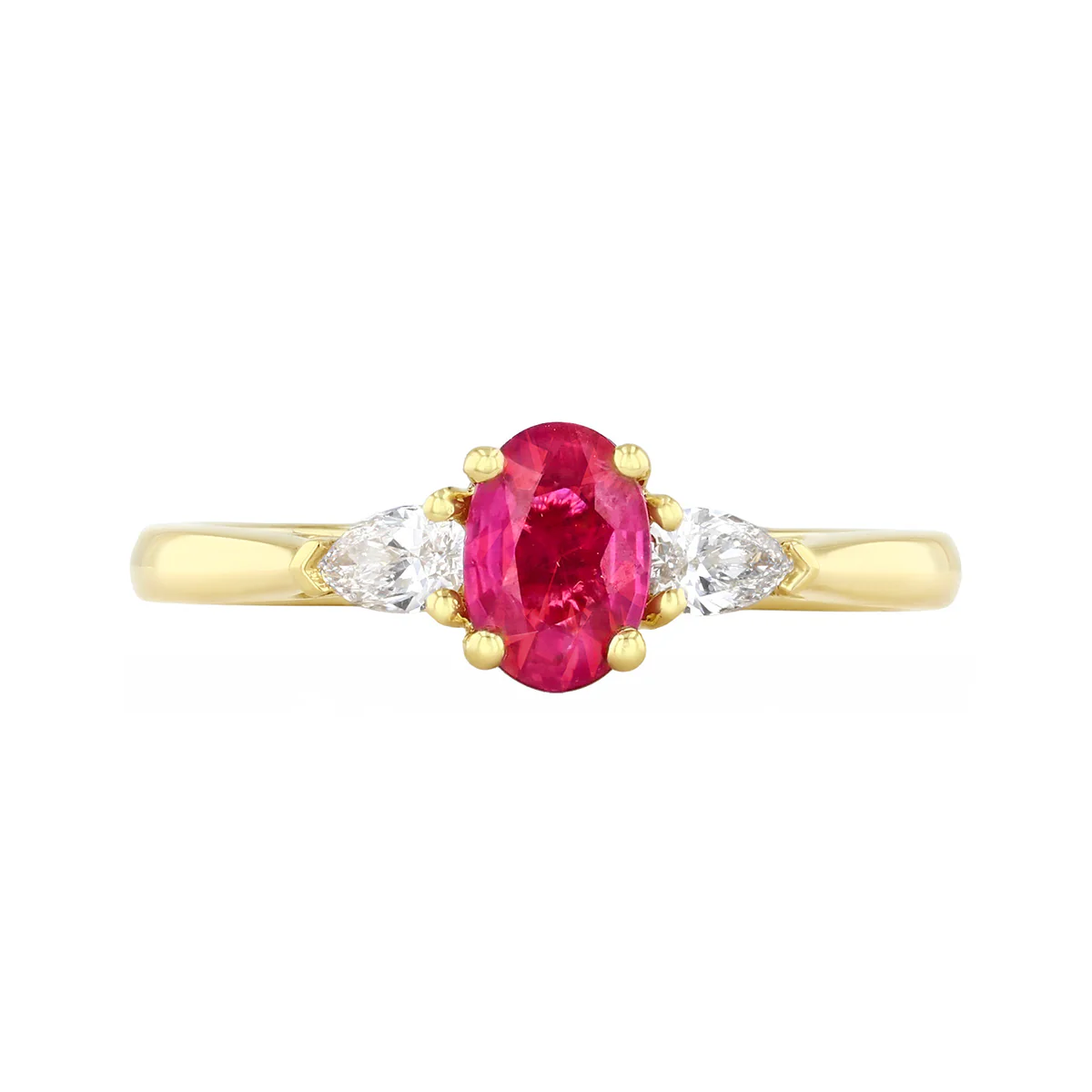 Heirloom 0.50ct Ruby and 0.20ct Pear Cut Diamond Three Stone Ring | 18K Yellow Gold - Image 2