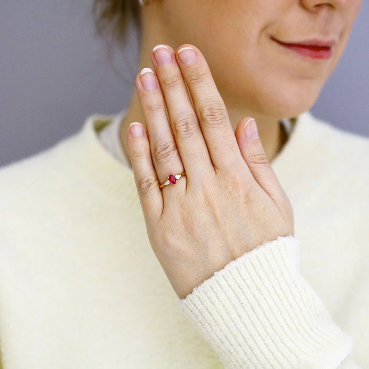 Heirloom 0.50ct Ruby and 0.20ct Pear Cut Diamond Three Stone Ring | 18K Yellow Gold - Image 6