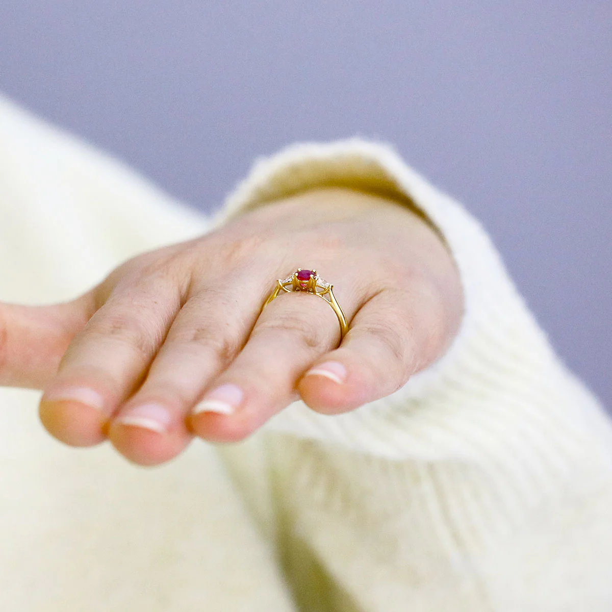 Heirloom 0.50ct Ruby and 0.20ct Pear Cut Diamond Three Stone Ring | 18K Yellow Gold - Image 8