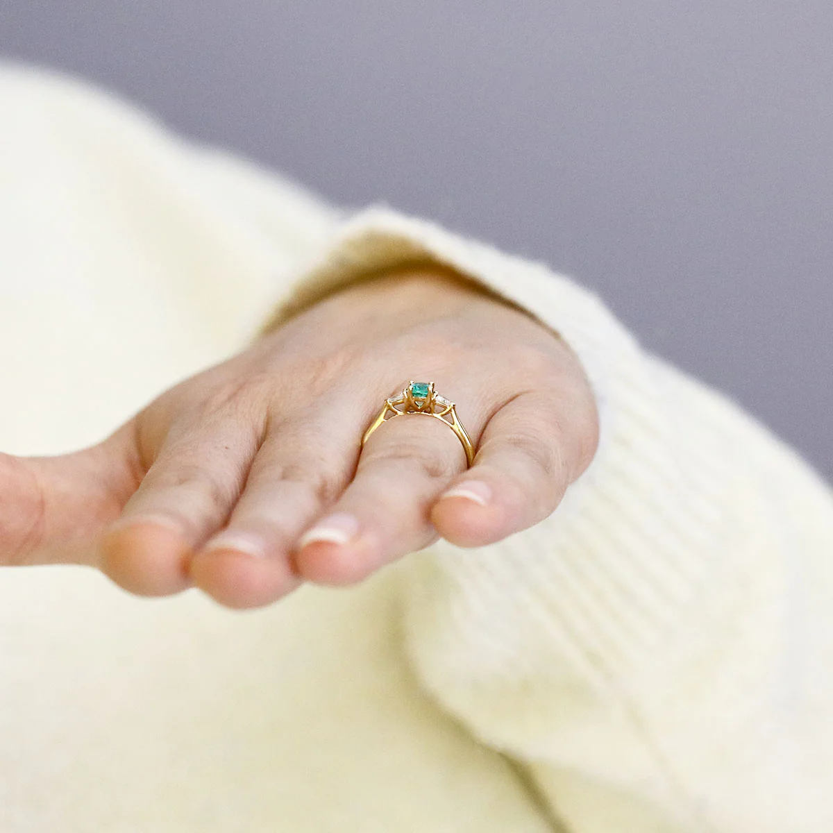 Heirloom Collection 0.43ct Oval Cut Emerald and 0.19ct Pear Cut Three Stone Ring | 18K Yellow Gold - Image 8