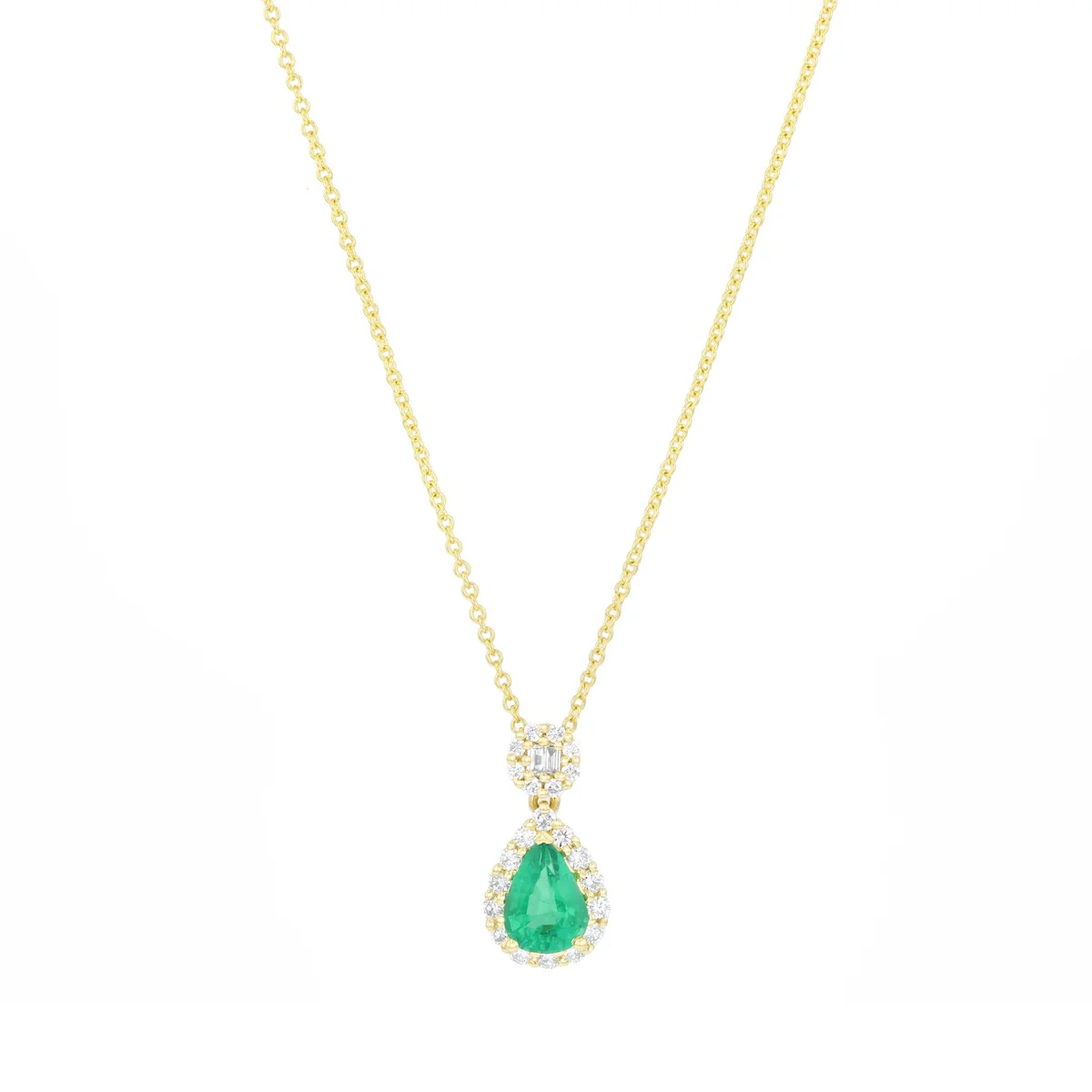 Heirloom Collection 0.55ct Pear Cut Emerald and 0.24ct Diamond Halo Necklace (Chain Not Included) | 18K Yellow Gold