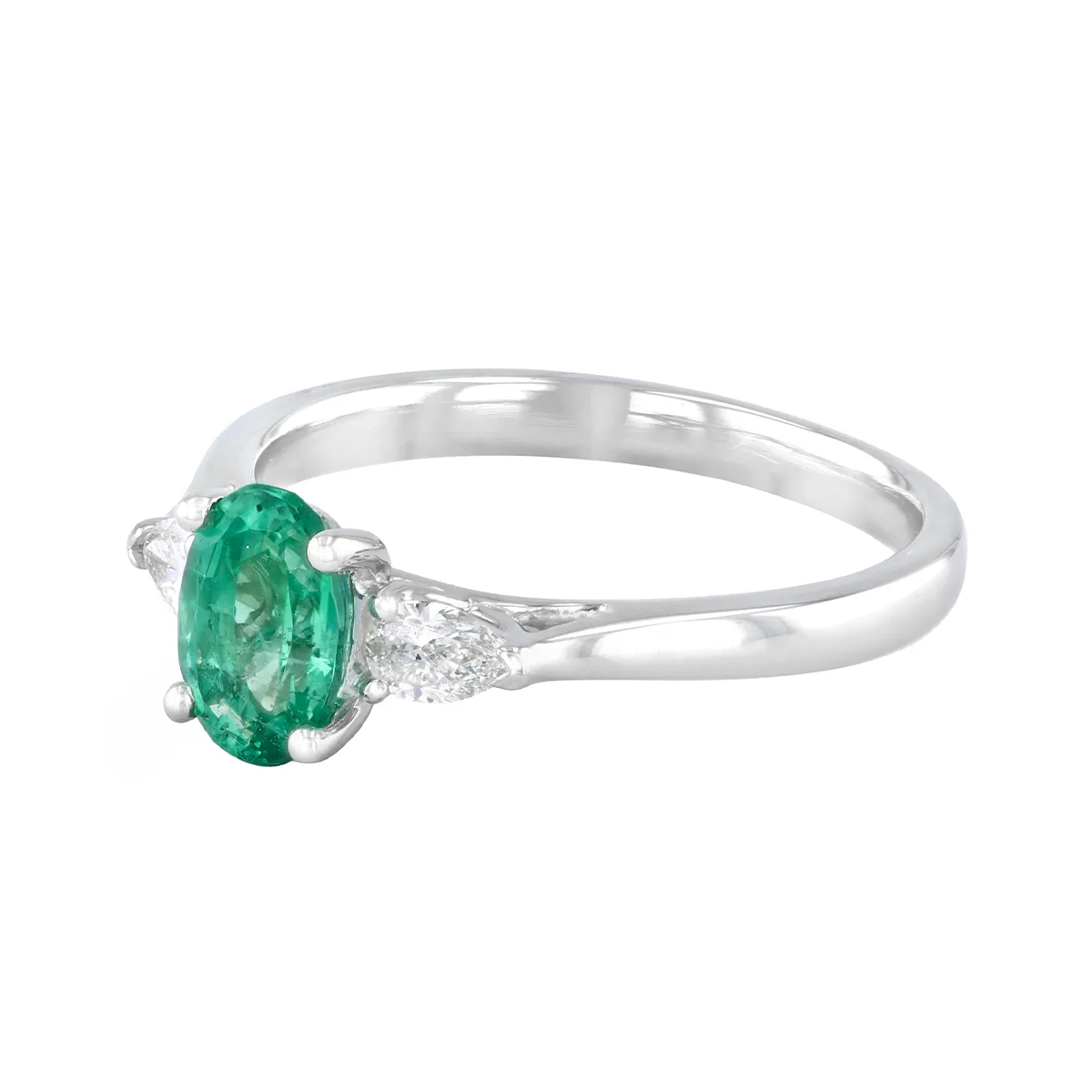 Heirloom Collection 0.73ct Oval Emerald and 0.20ct Pear Cut Diamond Three Stone Ring | Platinum - Image 3