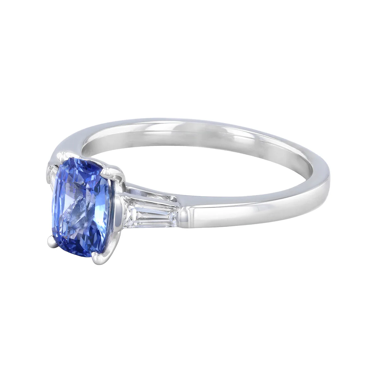 Heirloom Collection 1.06ct Cushion Cut Blue Sapphire and 0.23ct Tapered Baguette Side Stone Ring | Platinum - Image 3