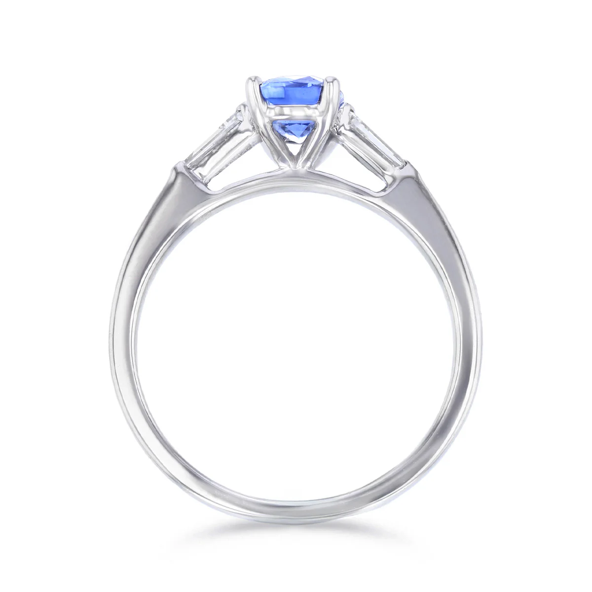 Heirloom Collection 1.06ct Cushion Cut Blue Sapphire and 0.23ct Tapered Baguette Side Stone Ring | Platinum - Image 5