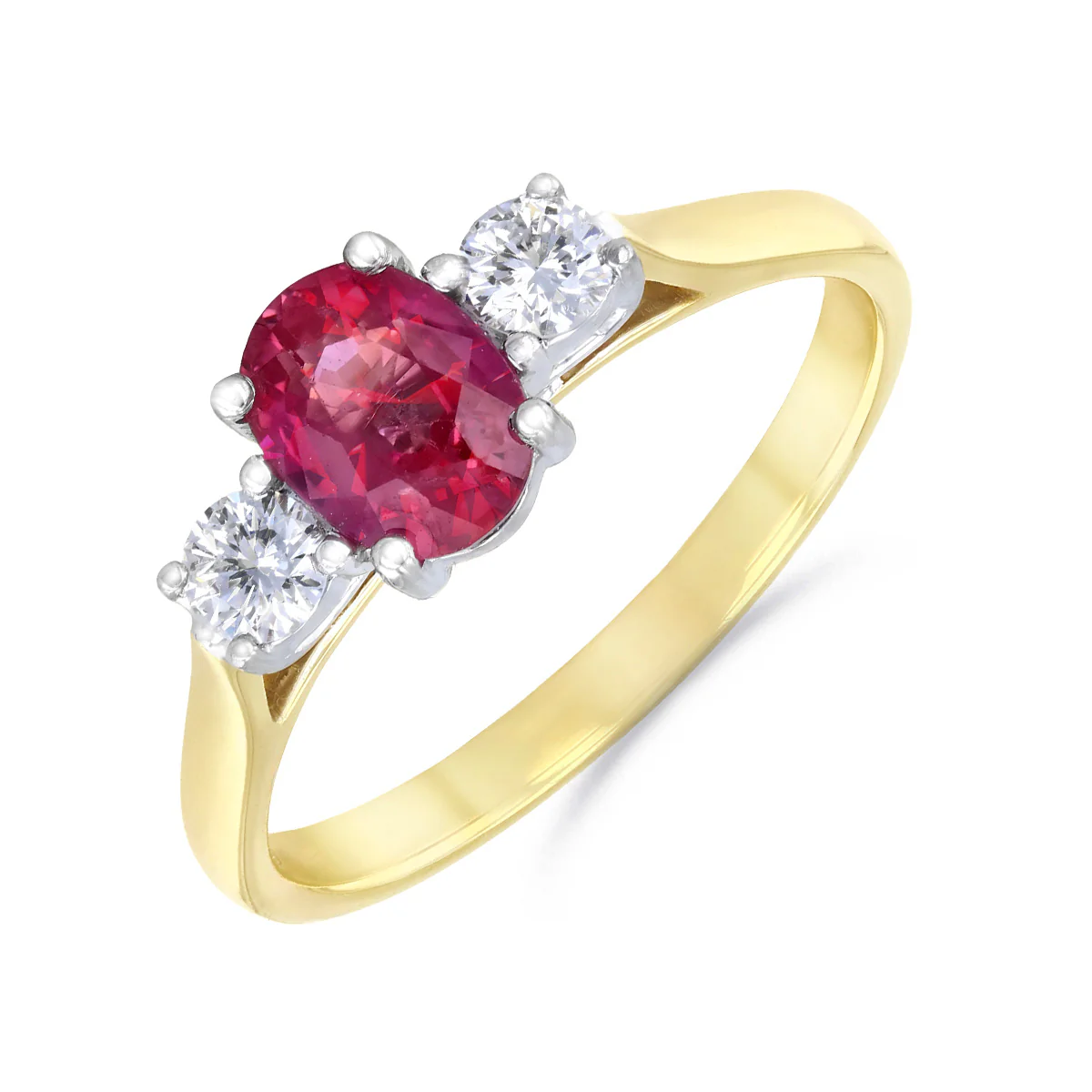 Heirloom Collection 1.10ct Ruby and 0.24ct Diamond Three Stone Ring | 18K Yellow & White