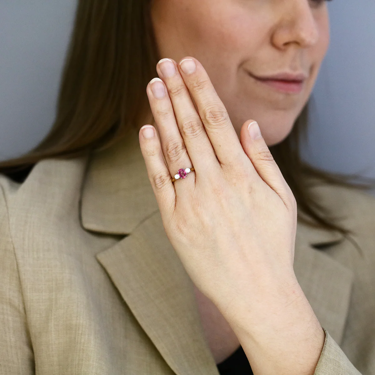 Heirloom Collection 1.10ct Ruby and 0.24ct Diamond Three Stone Ring | 18K Yellow & White - Image 6