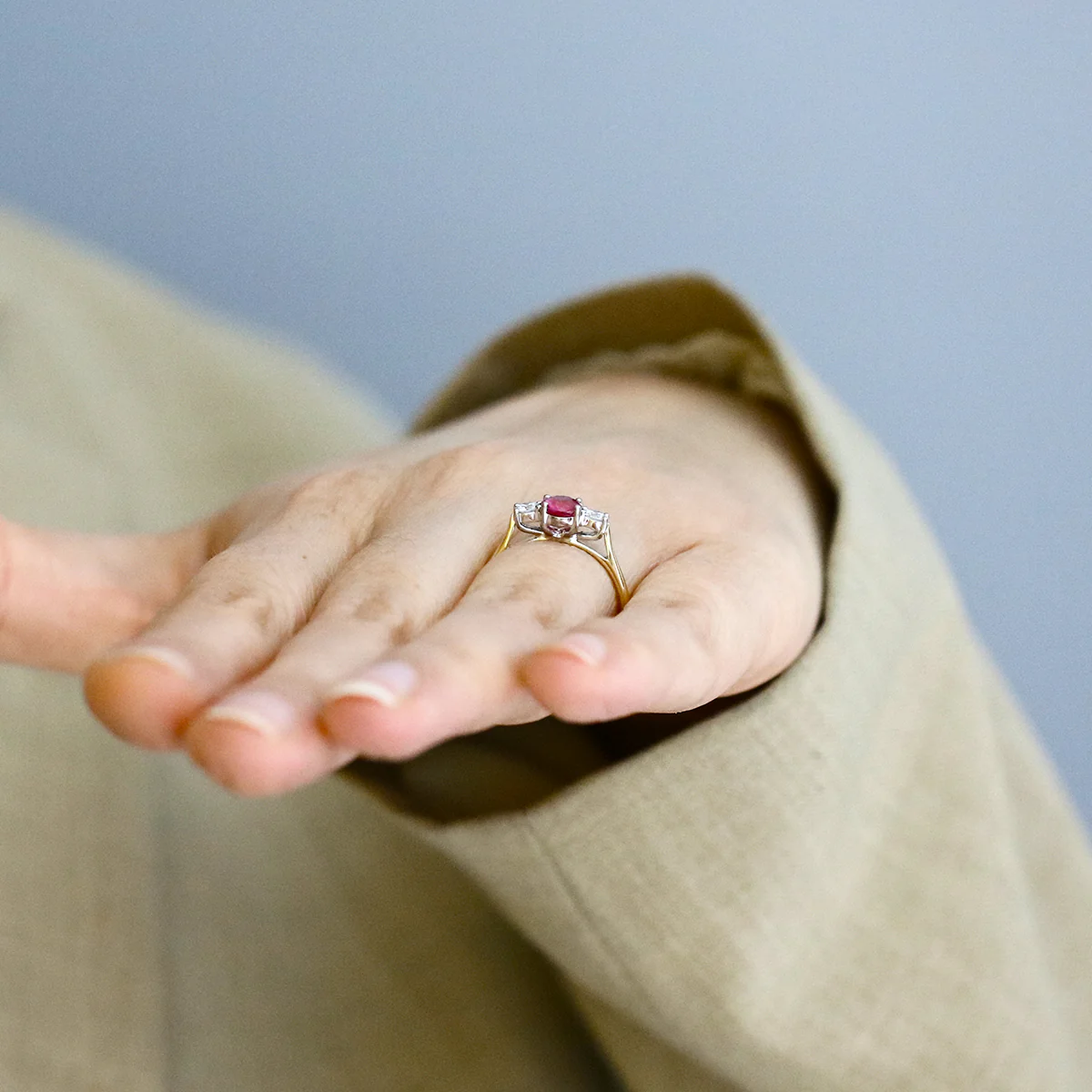 Heirloom Collection 1.10ct Ruby and 0.24ct Diamond Three Stone Ring | 18K Yellow & White - Image 8