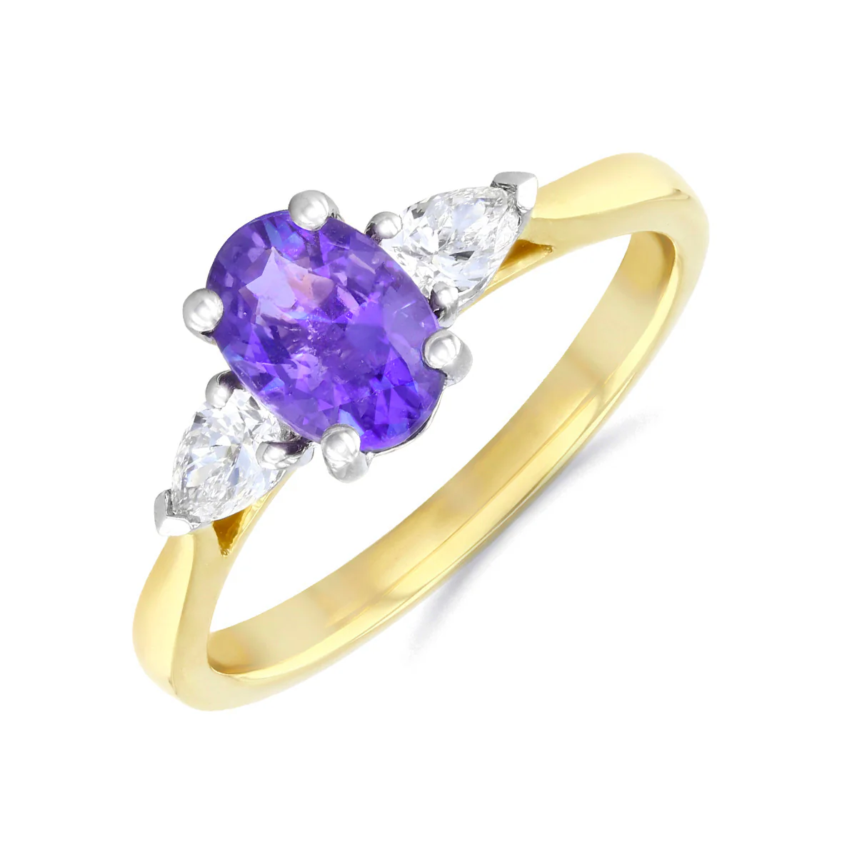 Heirloom Collection 1.12ct Oval Purple Sapphire and 0.29ct Pear Cut Diamond Three Stone Ring | Platinum & 18K Yellow Gold