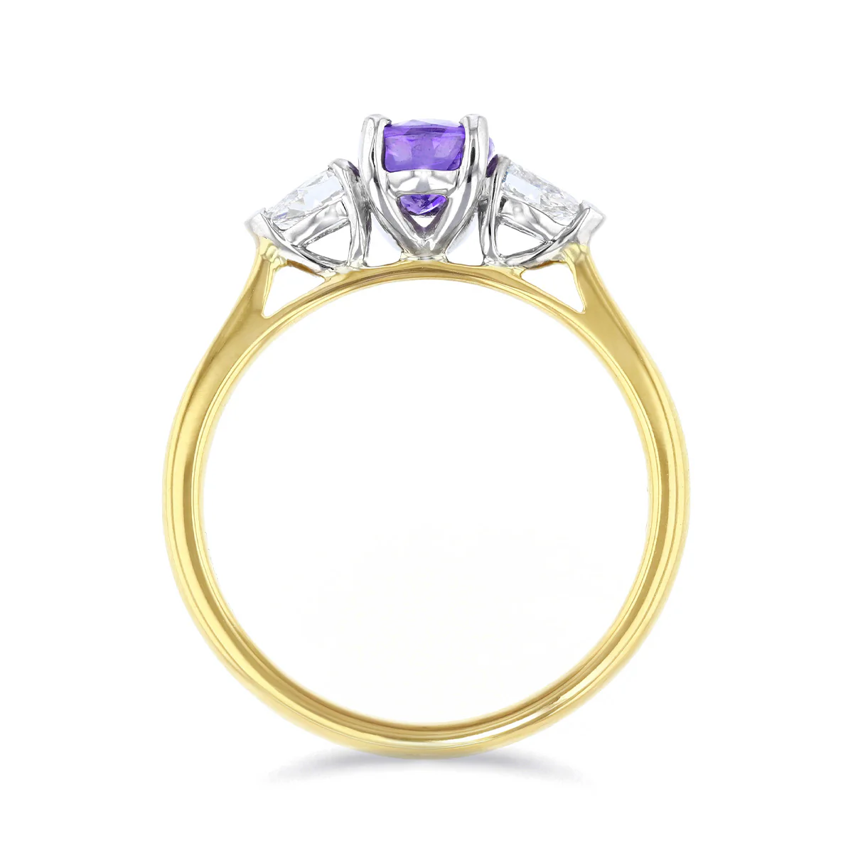 Heirloom Collection 1.12ct Oval Purple Sapphire and 0.29ct Pear Cut Diamond Three Stone Ring | Platinum & 18K Yellow Gold - Image 5
