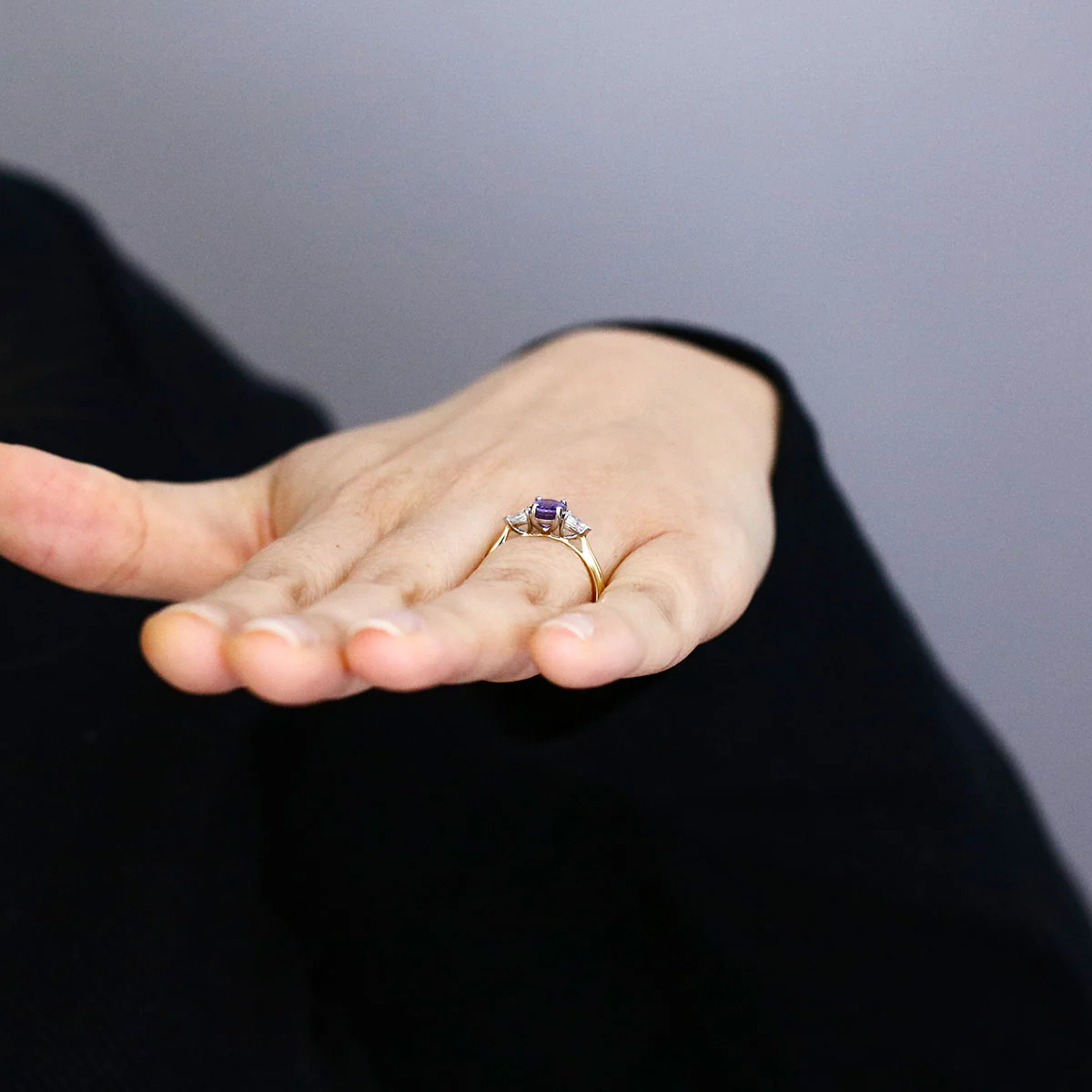 Heirloom Collection 1.12ct Oval Purple Sapphire and 0.29ct Pear Cut Diamond Three Stone Ring | Platinum & 18K Yellow Gold - Image 8