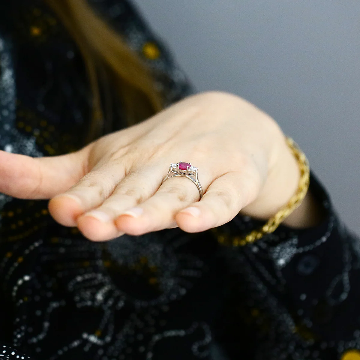 Heirloom Collection 1.20ct Ruby and 0.23ct Diamond Three Stone Ring | Platinum - Image 8