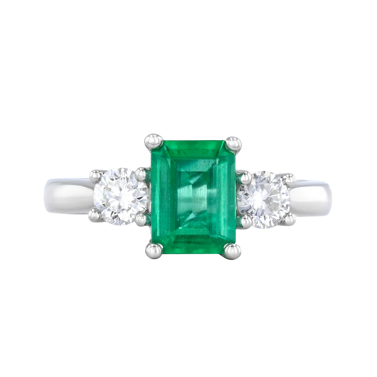 Heirloom Collection 1.21ct Emerald-Cut Emerald and 0.50ct Diamond Three Stone Ring | Platinum - Image 2