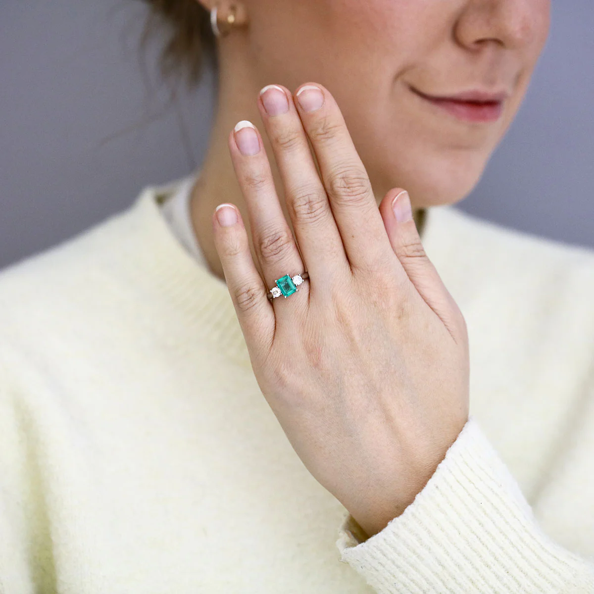 Heirloom Collection 1.21ct Emerald-Cut Emerald and 0.50ct Diamond Three Stone Ring | Platinum - Image 6