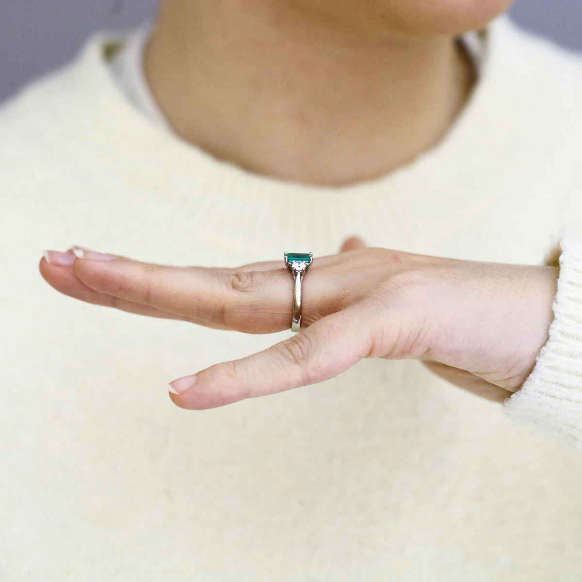 Heirloom Collection 1.21ct Emerald-Cut Emerald and 0.50ct Diamond Three Stone Ring | Platinum - Image 7