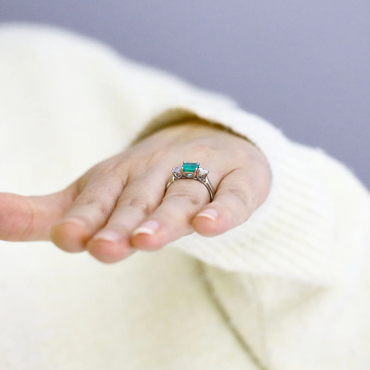Heirloom Collection 1.21ct Emerald-Cut Emerald and 0.50ct Diamond Three Stone Ring | Platinum - Image 8