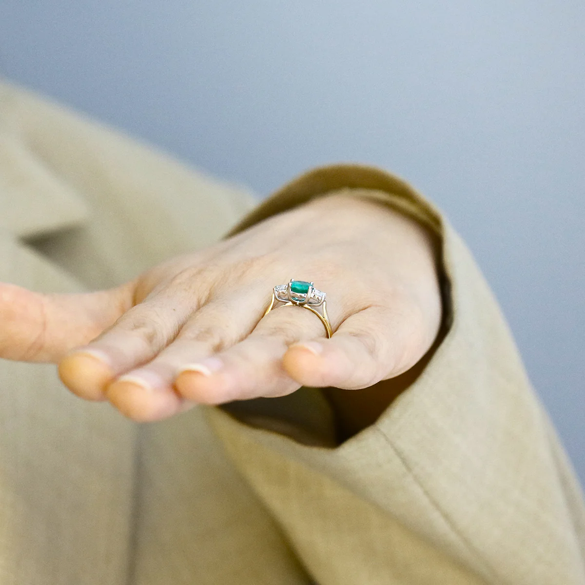 Heirloom Collection 1.27ct Emerald and 0.39ct Diamond Three Stone Ring | 18K Yellow & White - Image 8