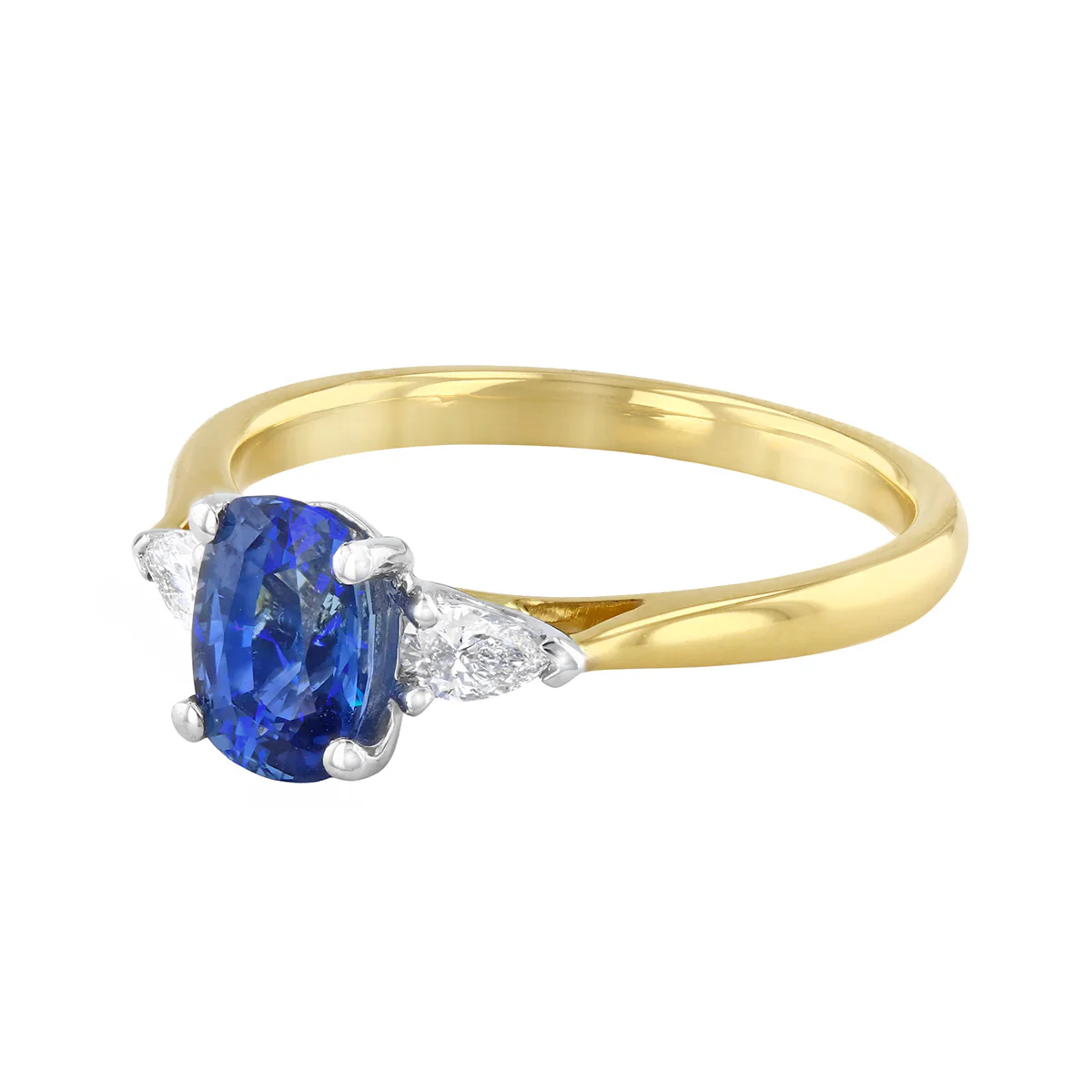 Heirloom Collection 1.29ct Cushion Cut Blue Sapphire & Pear Cut Diamond Three Stone Ring | 18K Yellow Gold with Platinum Setting - Image 3