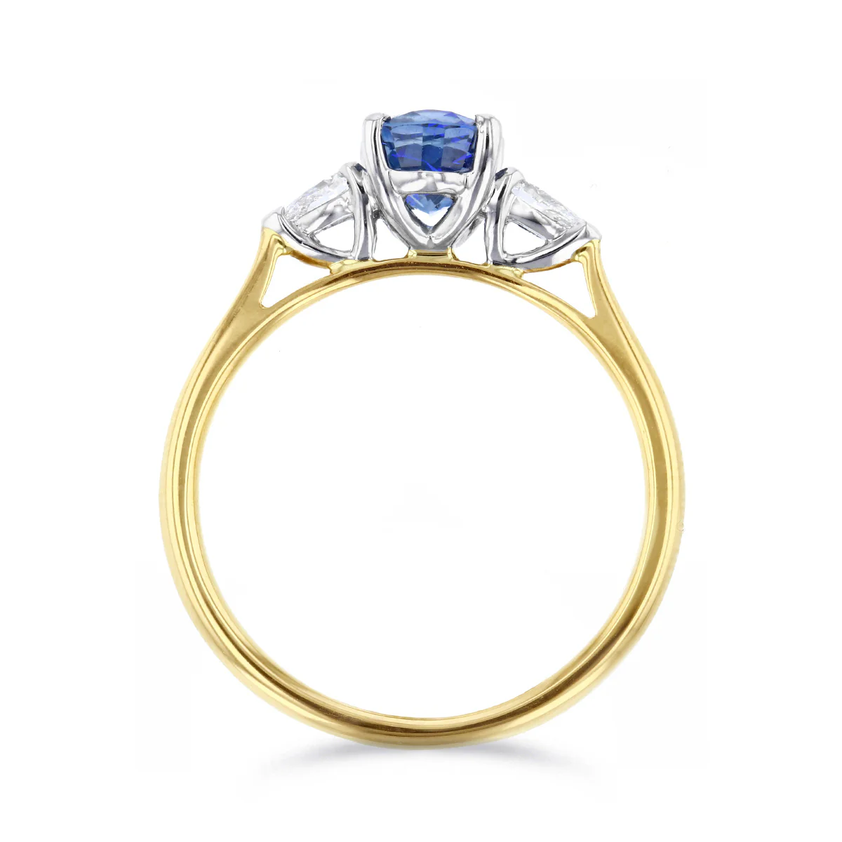 Heirloom Collection 1.29ct Cushion Cut Blue Sapphire & Pear Cut Diamond Three Stone Ring | 18K Yellow Gold with Platinum Setting - Image 5