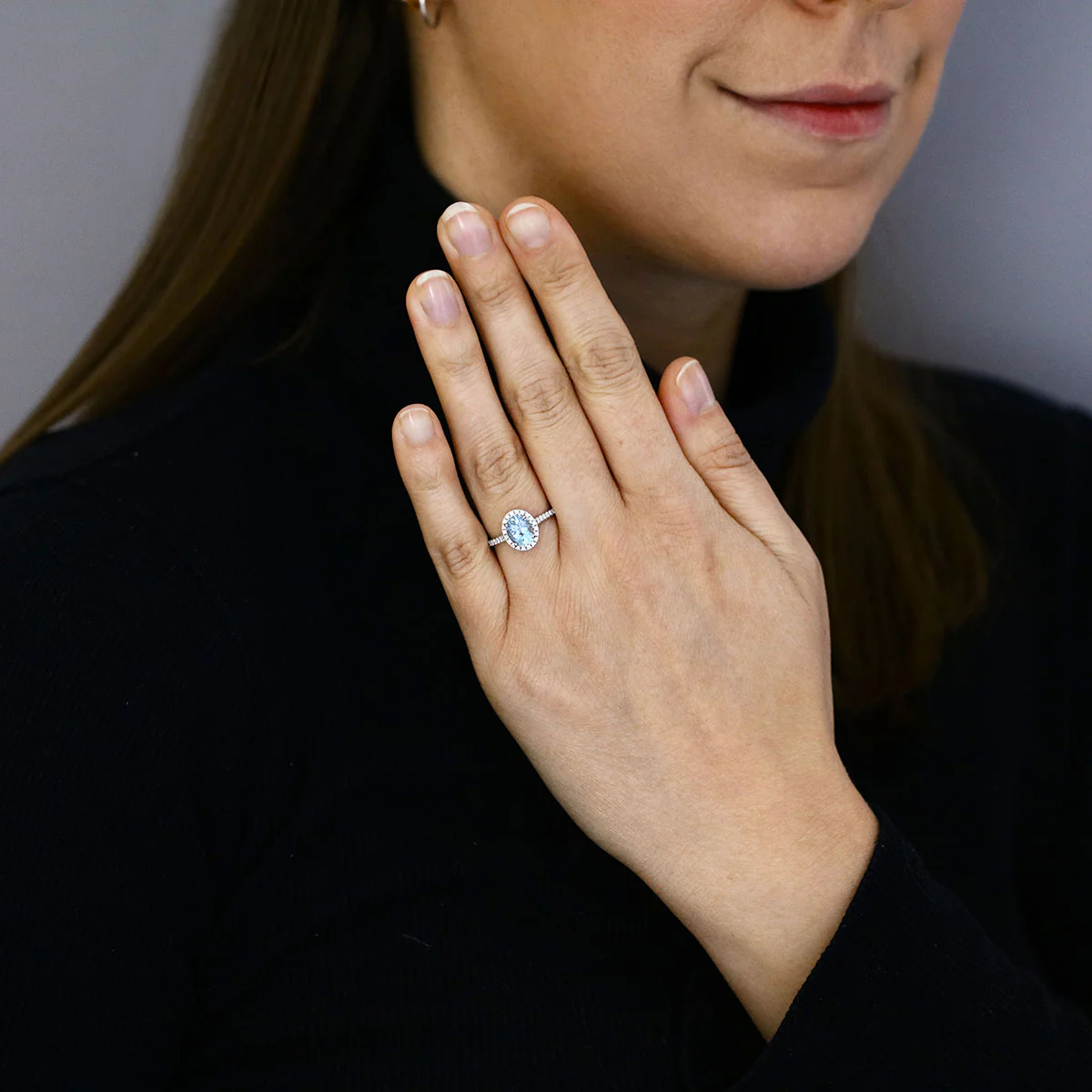Heirloom Collection 1.35ct Aquamarine and 0.27ct Diamond Halo Shoulder Set Ring | Platinum - Image 6