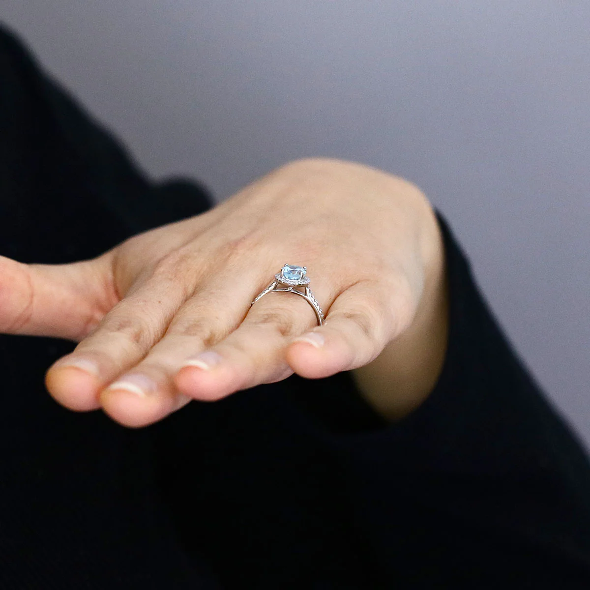 Heirloom Collection 1.35ct Aquamarine and 0.27ct Diamond Halo Shoulder Set Ring | Platinum - Image 8