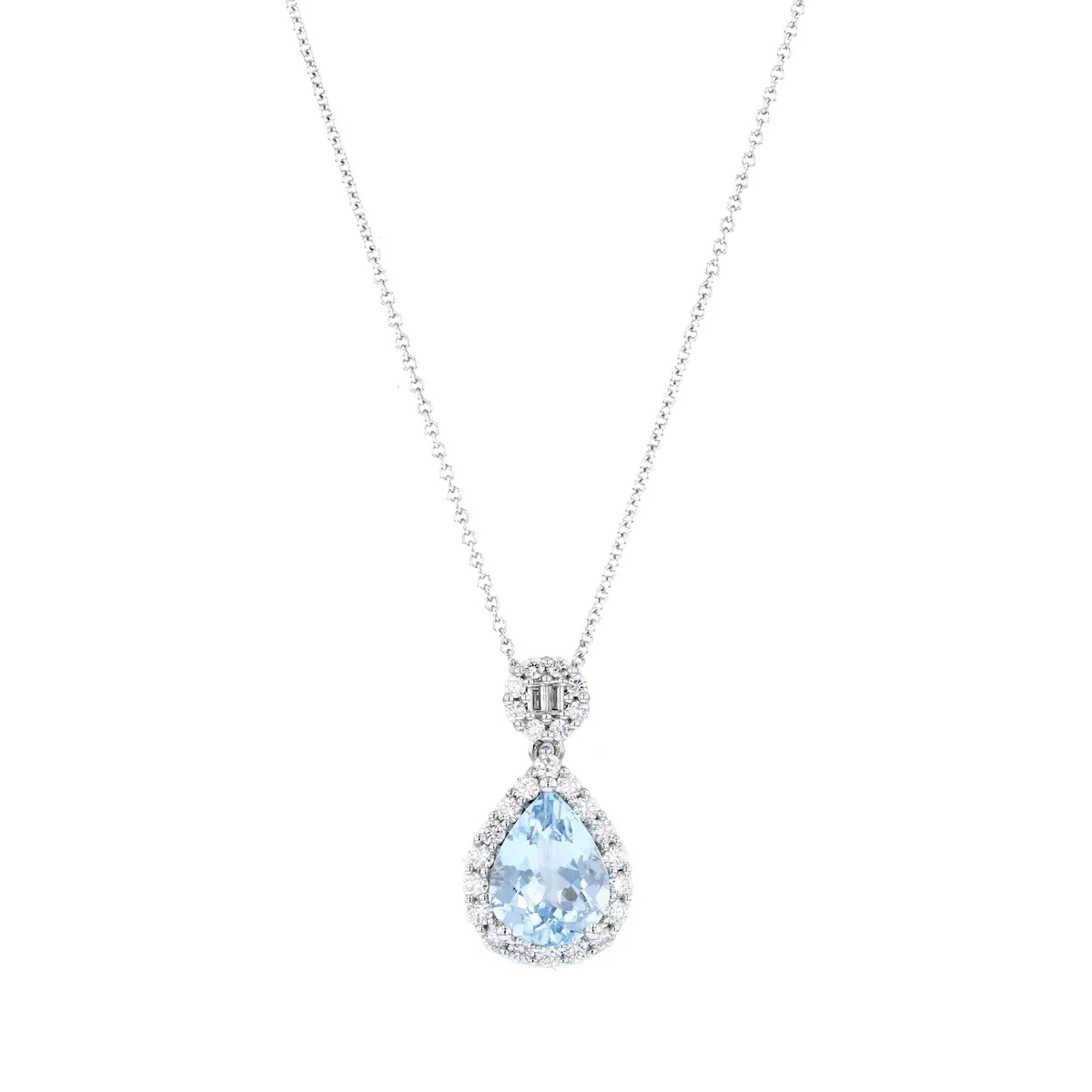 Heirloom Collection 1.41ct Pear Cut Aquamarine and 0.36ct Diamond Halo Necklace | 18K White Gold