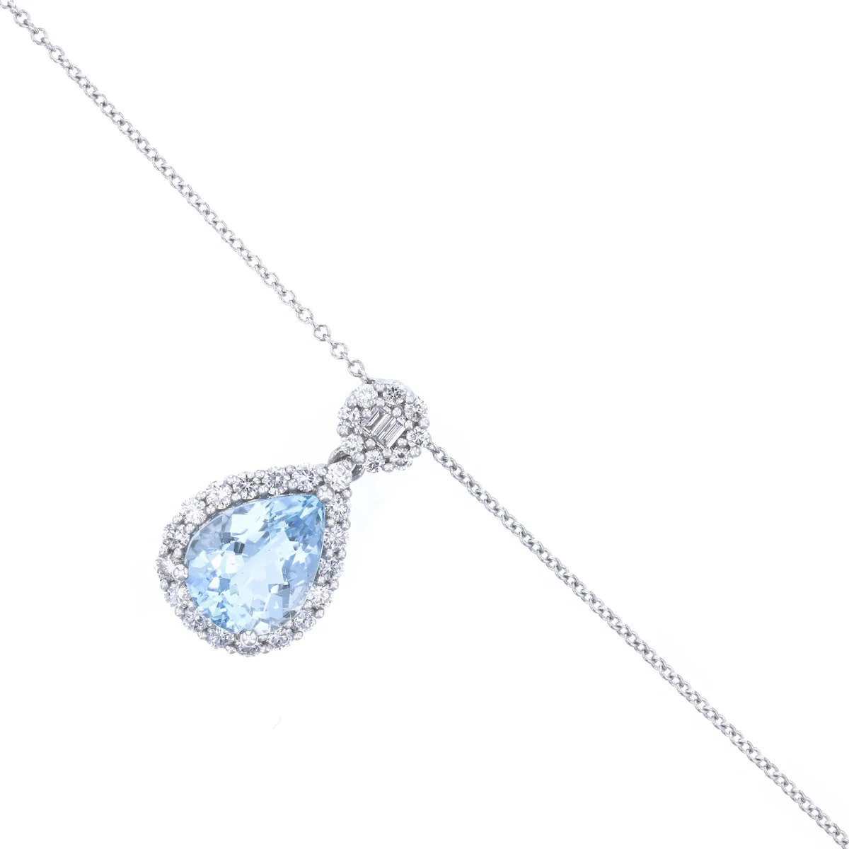 Heirloom Collection 1.41ct Pear Cut Aquamarine and 0.36ct Diamond Halo Necklace | 18K White Gold - Image 3