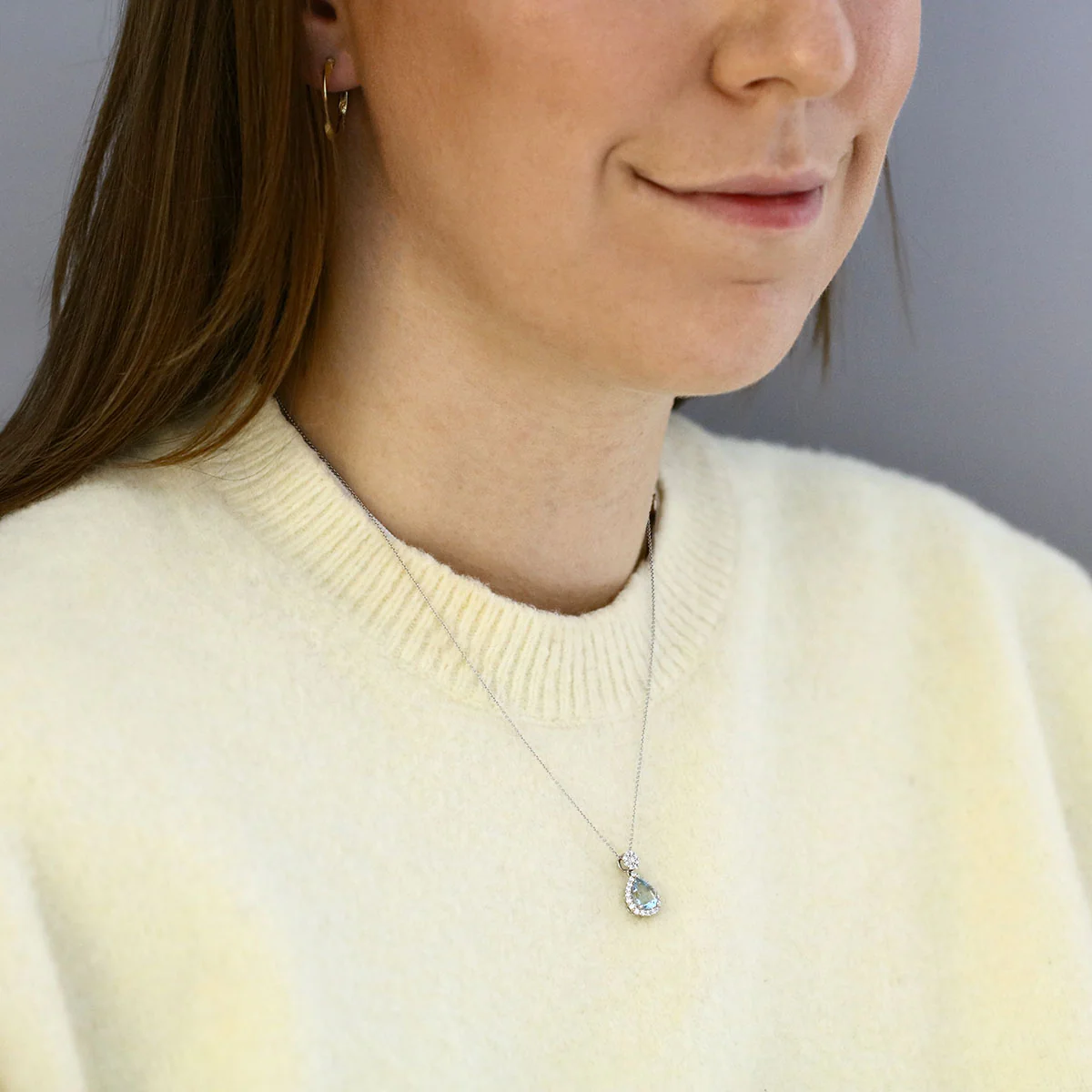 Heirloom Collection 1.41ct Pear Cut Aquamarine and 0.36ct Diamond Halo Necklace | 18K White Gold - Image 5