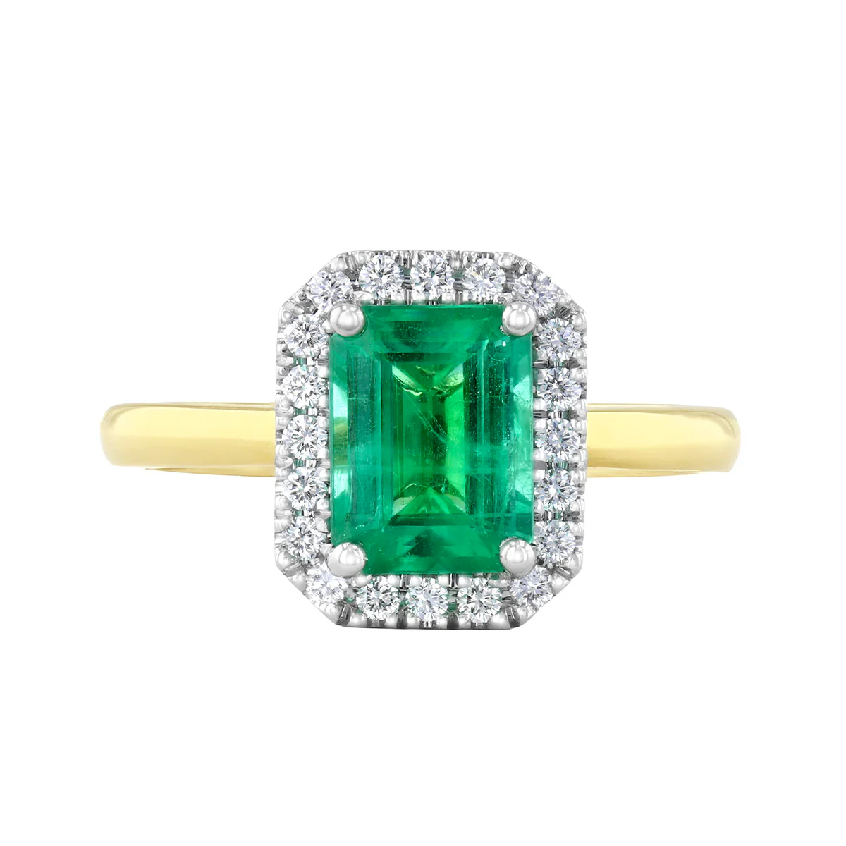 Heirloom Collection 1.45ct Brazilian Emerald-Cut Emerald and 0.20ct Diamond Halo Ring | 18K Yellow Gold - Image 2