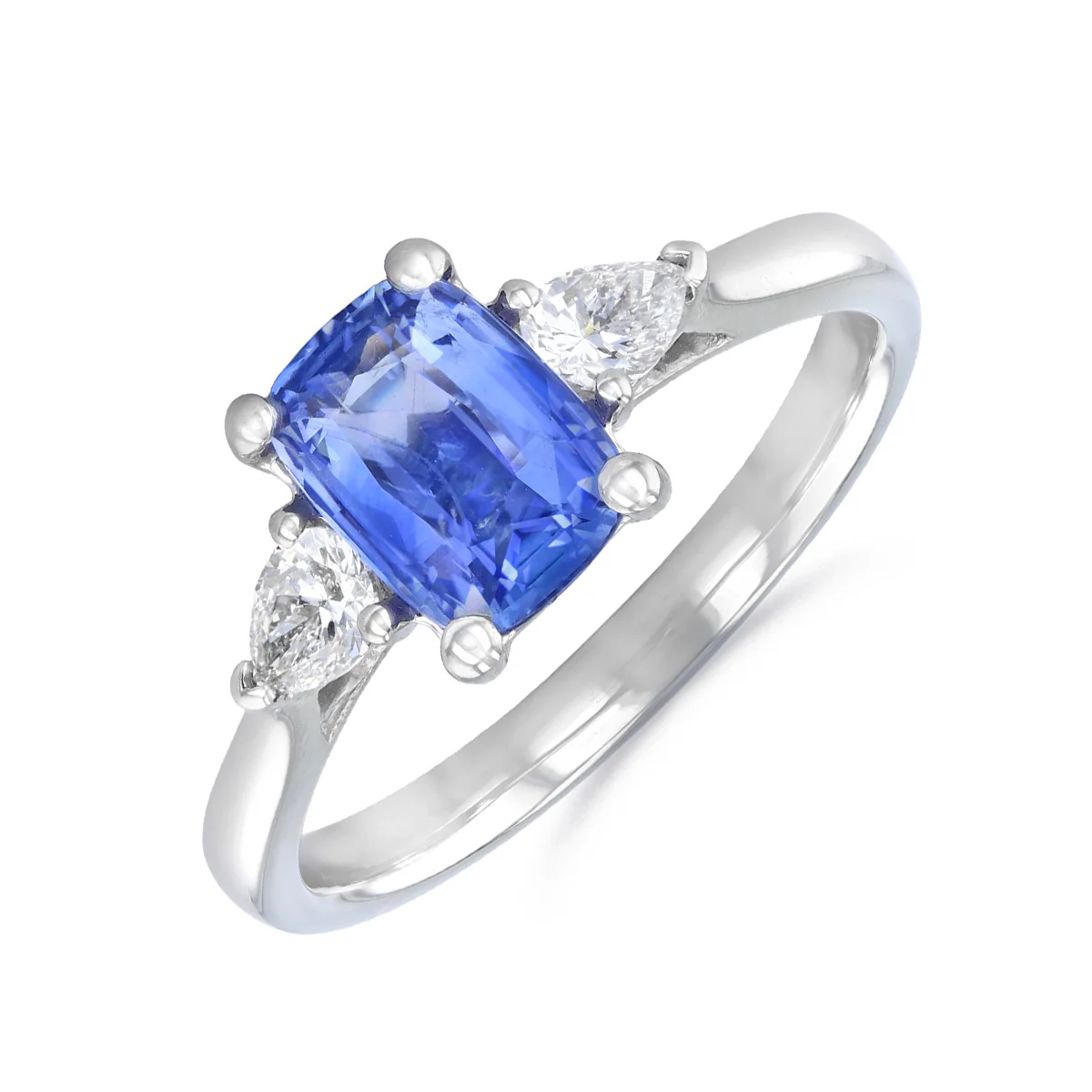 Heirloom Collection 1.46ct Sapphire and 0.30ct Pear Cut Diamond Three Stone Ring | Platinum